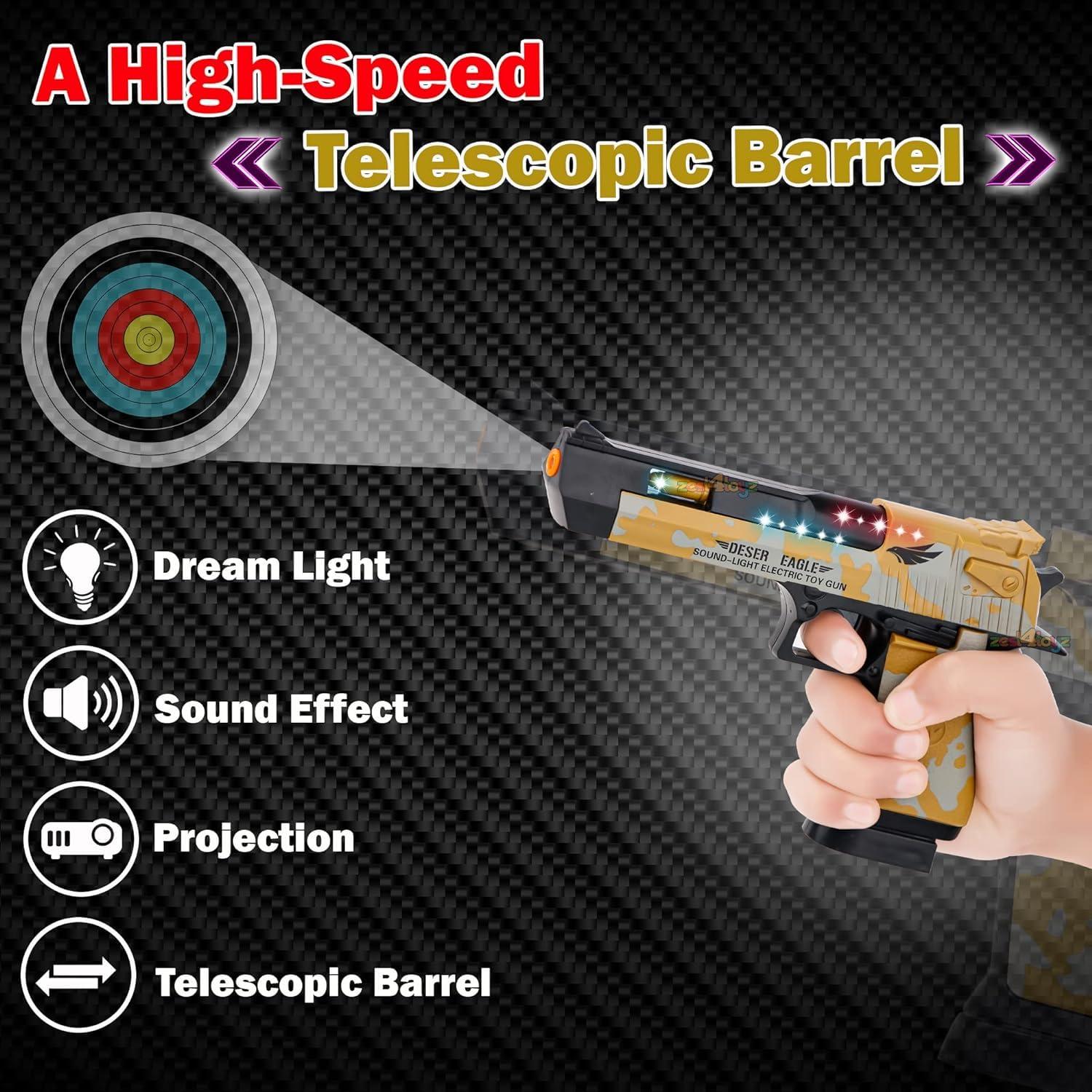 Light and Sound Police Army Style Pistol Gun Toy with Moving Top Loader Telescopic Barrel and Target Projection Effect, Desert Eagle Pistol (Pack of 1) Random Color Dispatch, Assorted