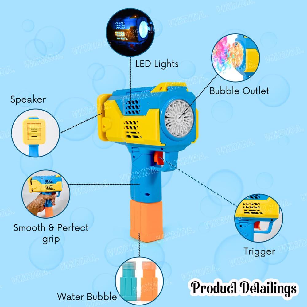Leak-Proof Design Automatic Bubble Gun for Kids & Toddlers with LED Light - includes 2 Bubble Liquid Bottles - Blue