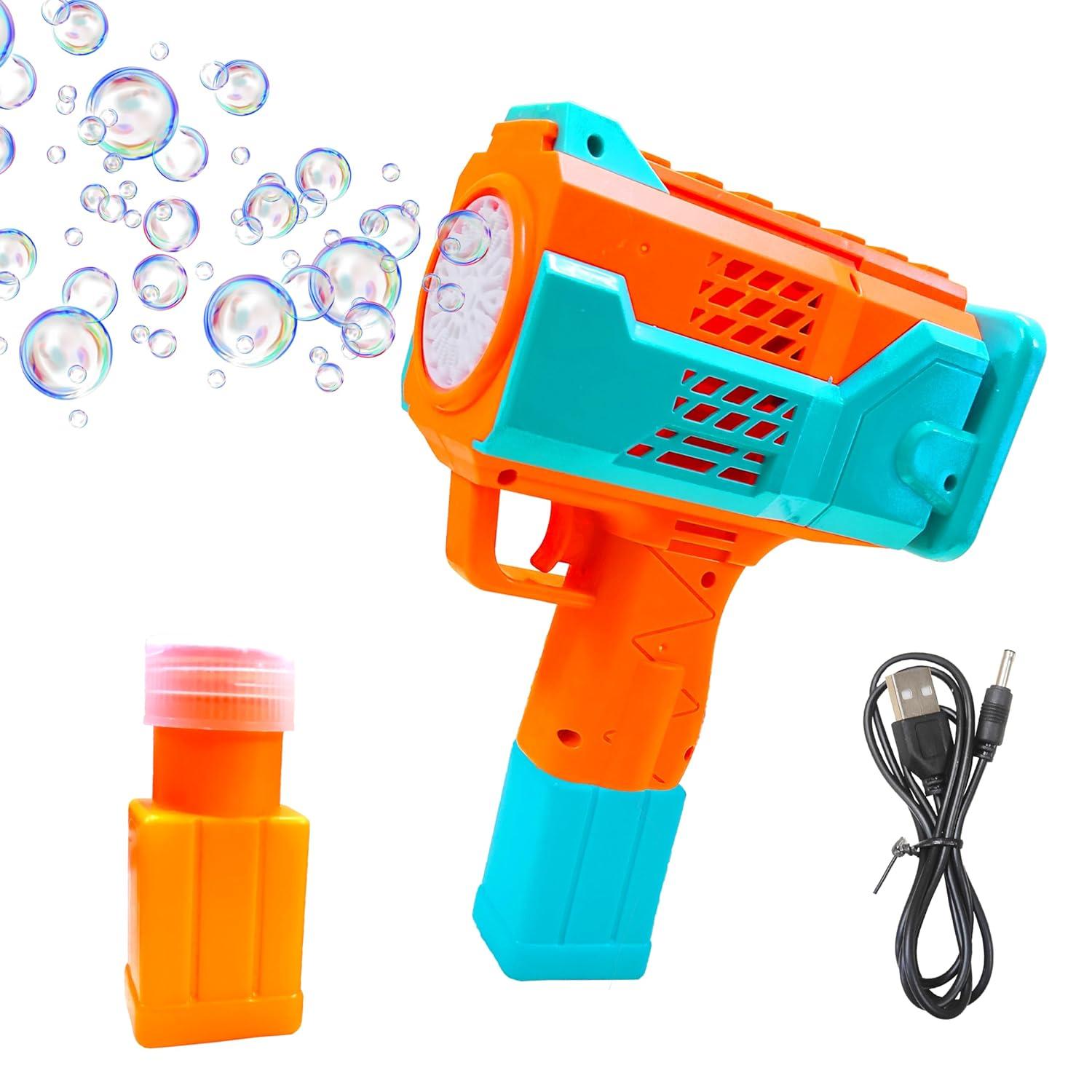 Electric Rechargeable Bubble Maker Musical Gatling Gun Toy for Kids with Cool Lights and Music - Indoor and Outdoor Toy with One Click Bubble Launch - Color As Per Stock