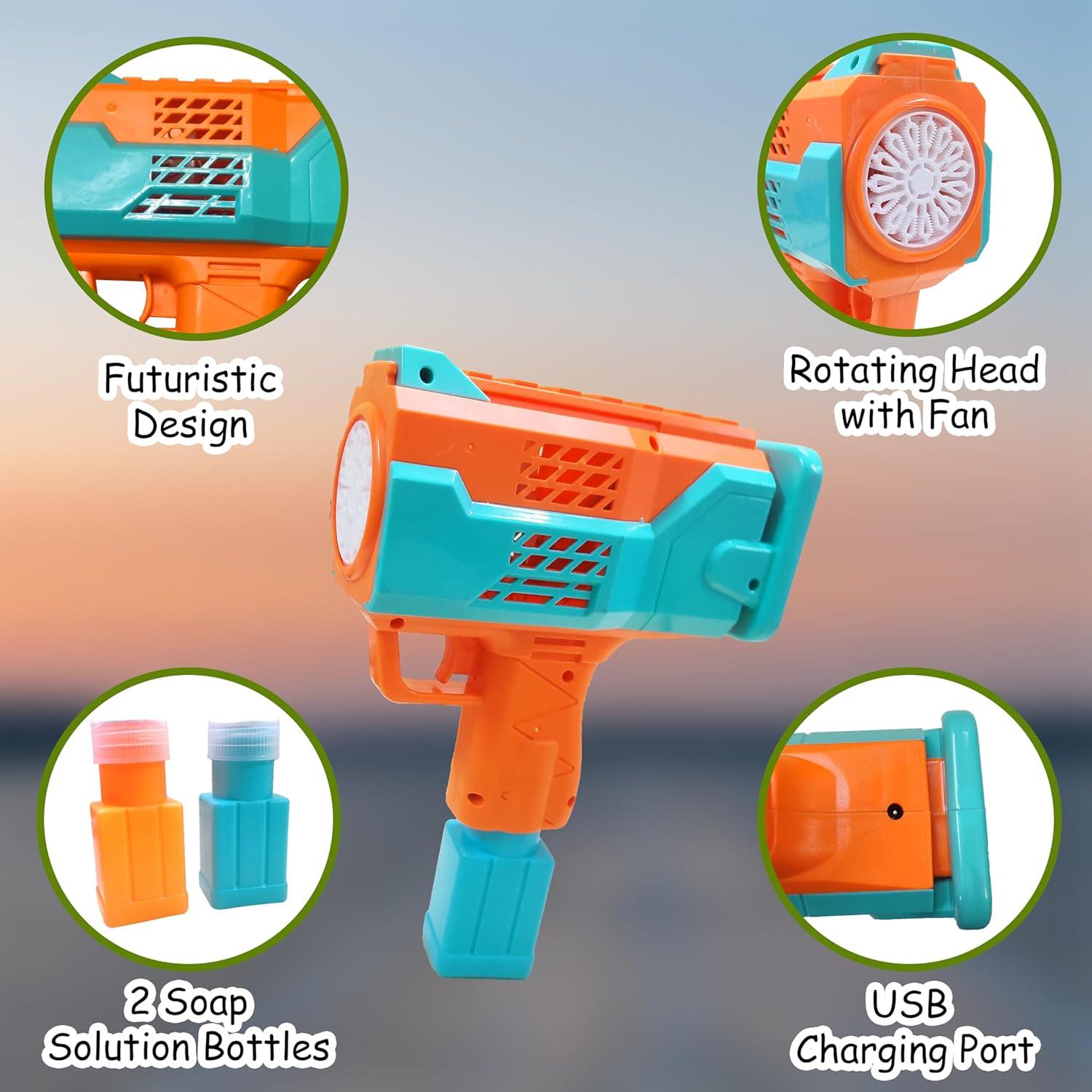 Electric Rechargeable Bubble Maker Musical Gatling Gun Toy for Kids with Cool Lights and Music - Indoor and Outdoor Toy with One Click Bubble Launch - Color As Per Stock