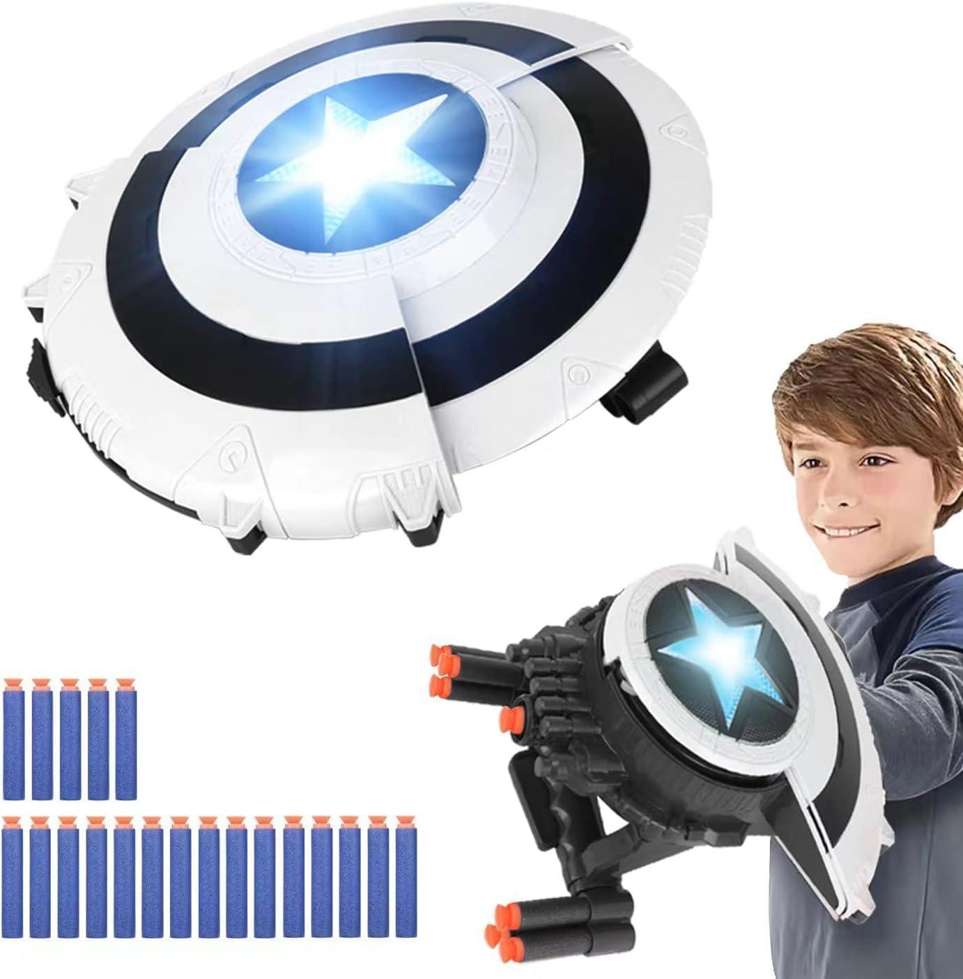 Superhero Dart Shooting Shield with Lights and 6 Darts Toy Foam Blasters Transforming Shield Shooter Pull Handle to Expand Shooting Game for Kids Teens Adults Boys Girls