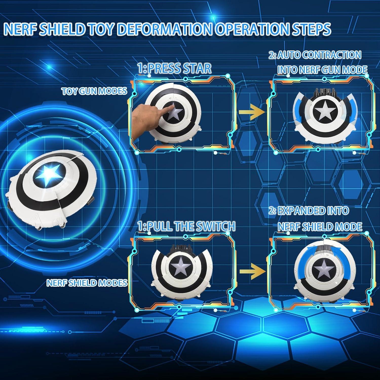 Superhero Dart Shooting Shield with Lights and 6 Darts Toy Foam Blasters Transforming Shield Shooter Pull Handle to Expand Shooting Game for Kids Teens Adults Boys Girls