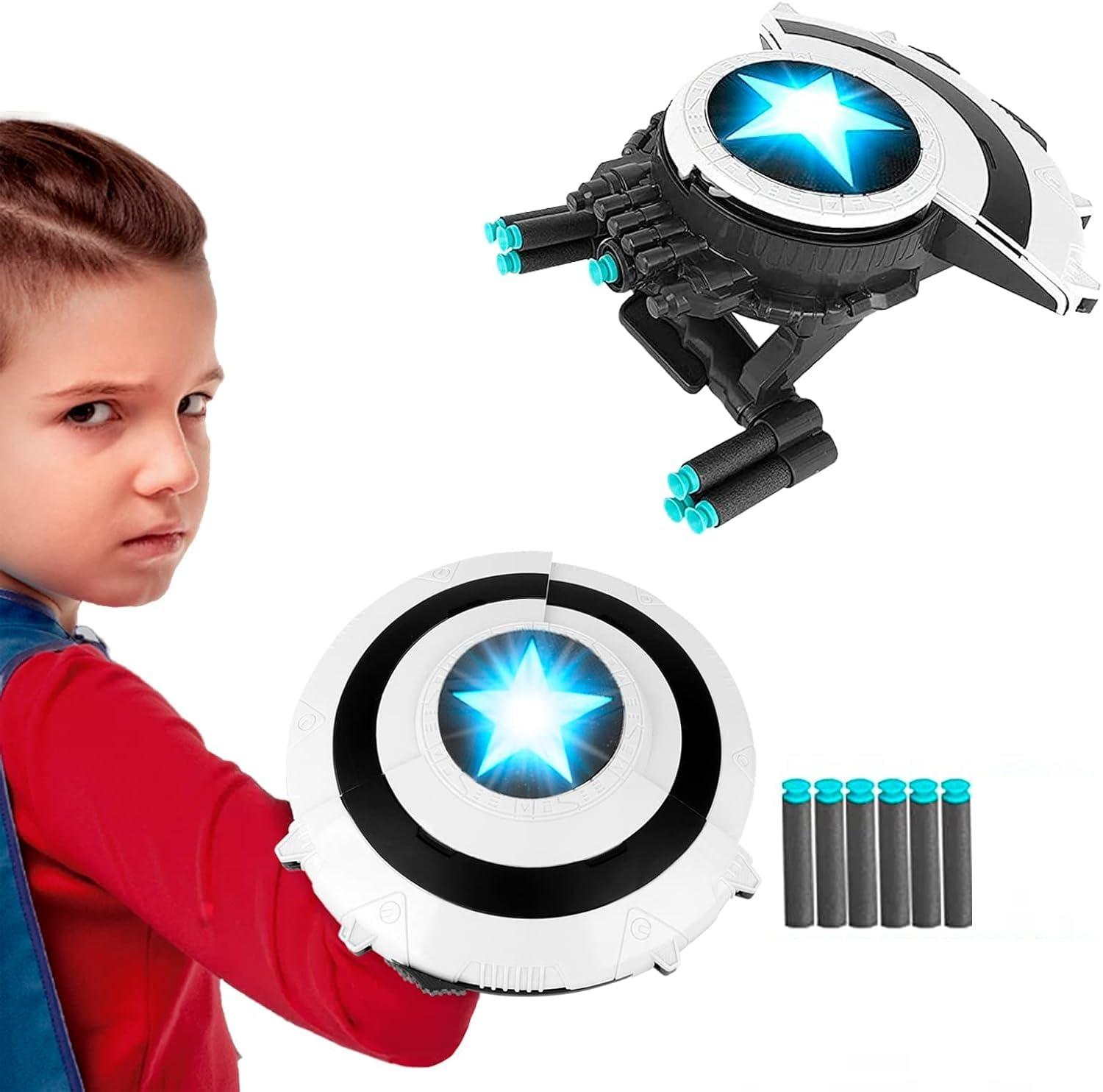 Superhero Dart Shooting Shield with Lights and 6 Darts Toy Foam Blasters Transforming Shield Shooter Pull Handle to Expand Shooting Game for Kids Teens Adults Boys Girls
