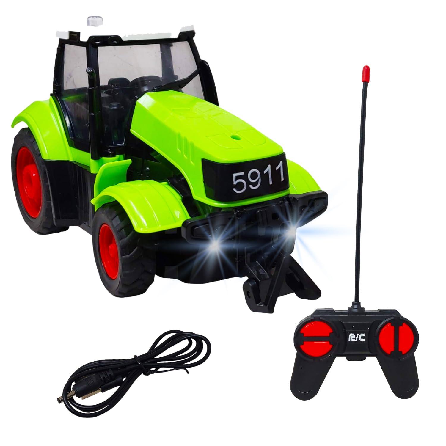 Rechargeable 4 Function Remote Control Farmer Tractor with 1 Remote and 1 Charging Cable, Attractive Farmer Tractor with Light for Kids (Green/RED)