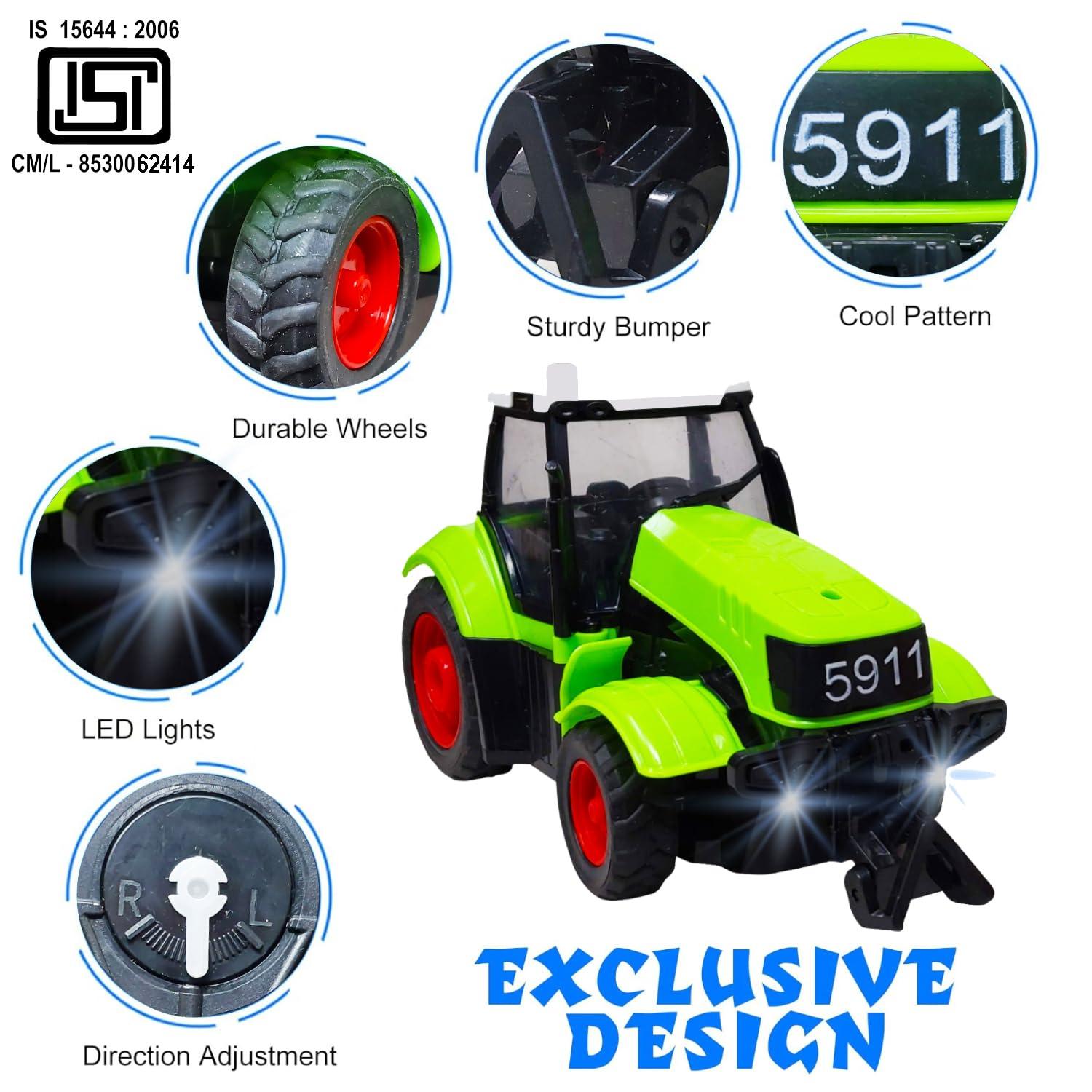 Rechargeable 4 Function Remote Control Farmer Tractor with 1 Remote and 1 Charging Cable, Attractive Farmer Tractor with Light for Kids (Green/RED)