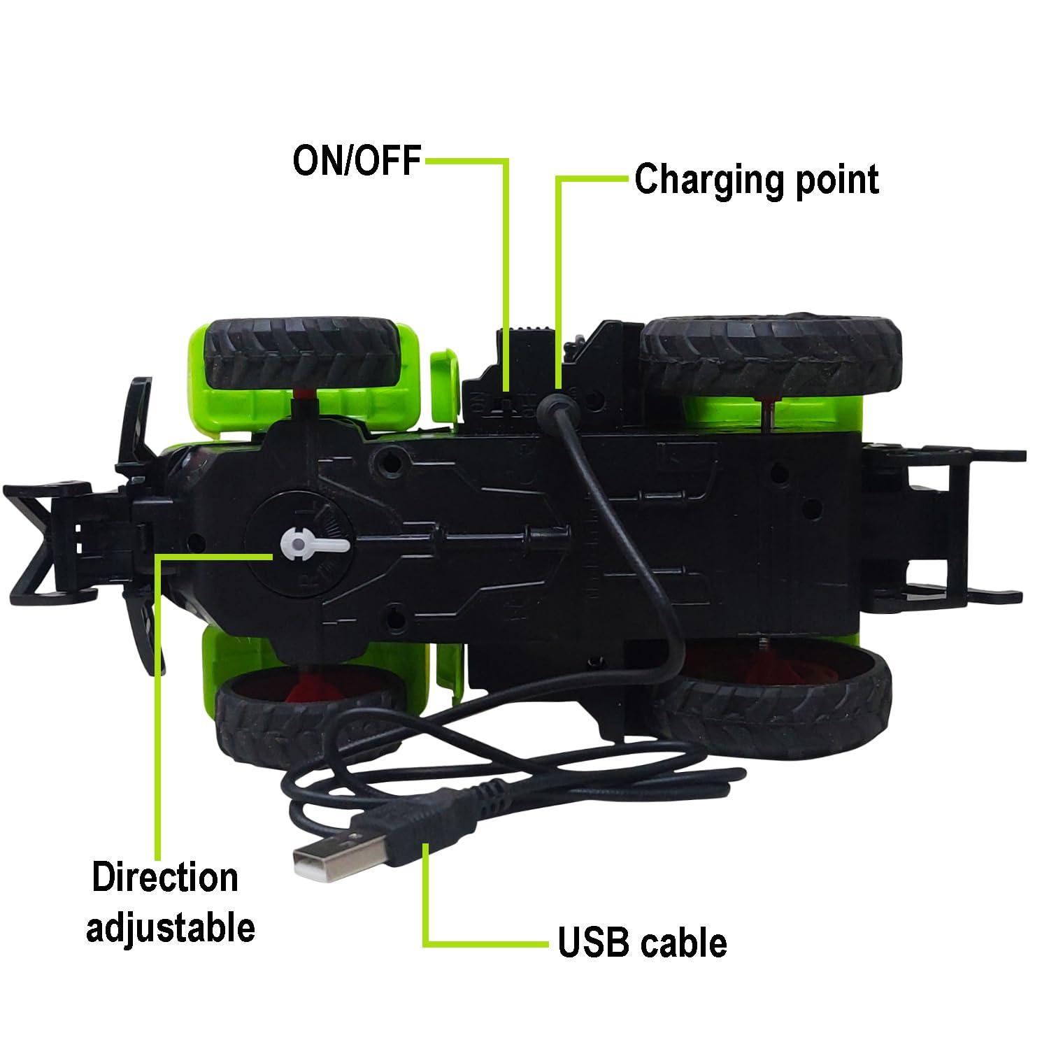 Rechargeable 4 Function Remote Control Farmer Tractor with 1 Remote and 1 Charging Cable, Attractive Farmer Tractor with Light for Kids (Green/RED)