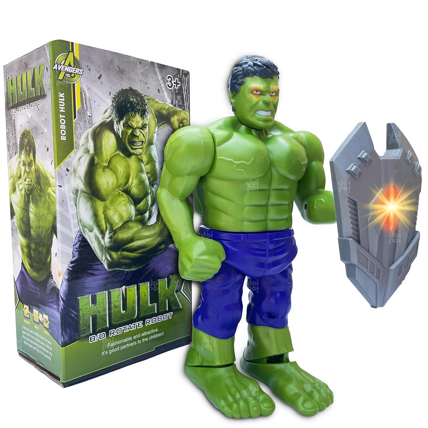 Hulk Superhero Walking Toy with Shield (9.5 inch) | Music, Photo Projection, LED Lights, Flexible Joints