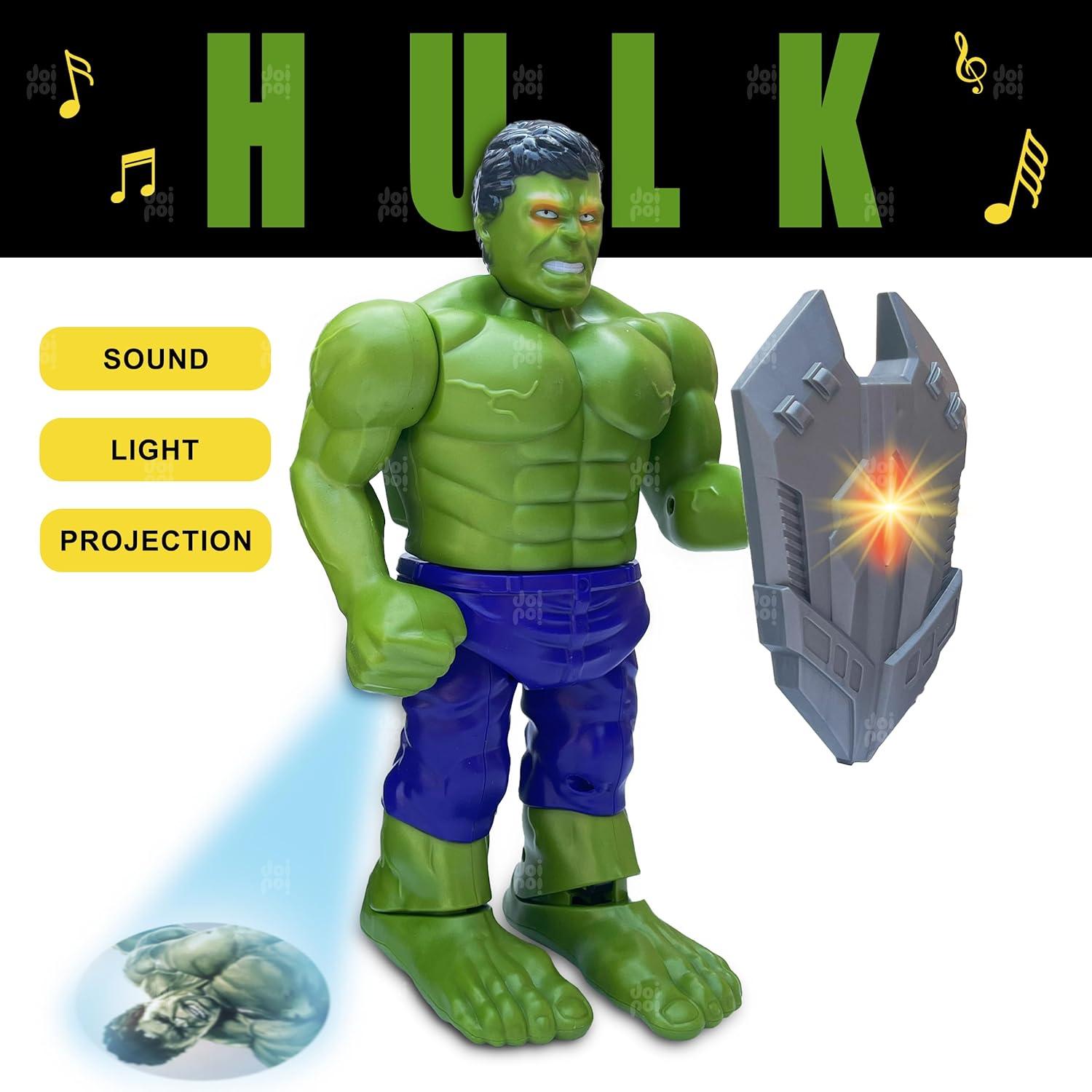 Hulk Superhero Walking Toy with Shield (9.5 inch) | Music, Photo Projection, LED Lights, Flexible Joints