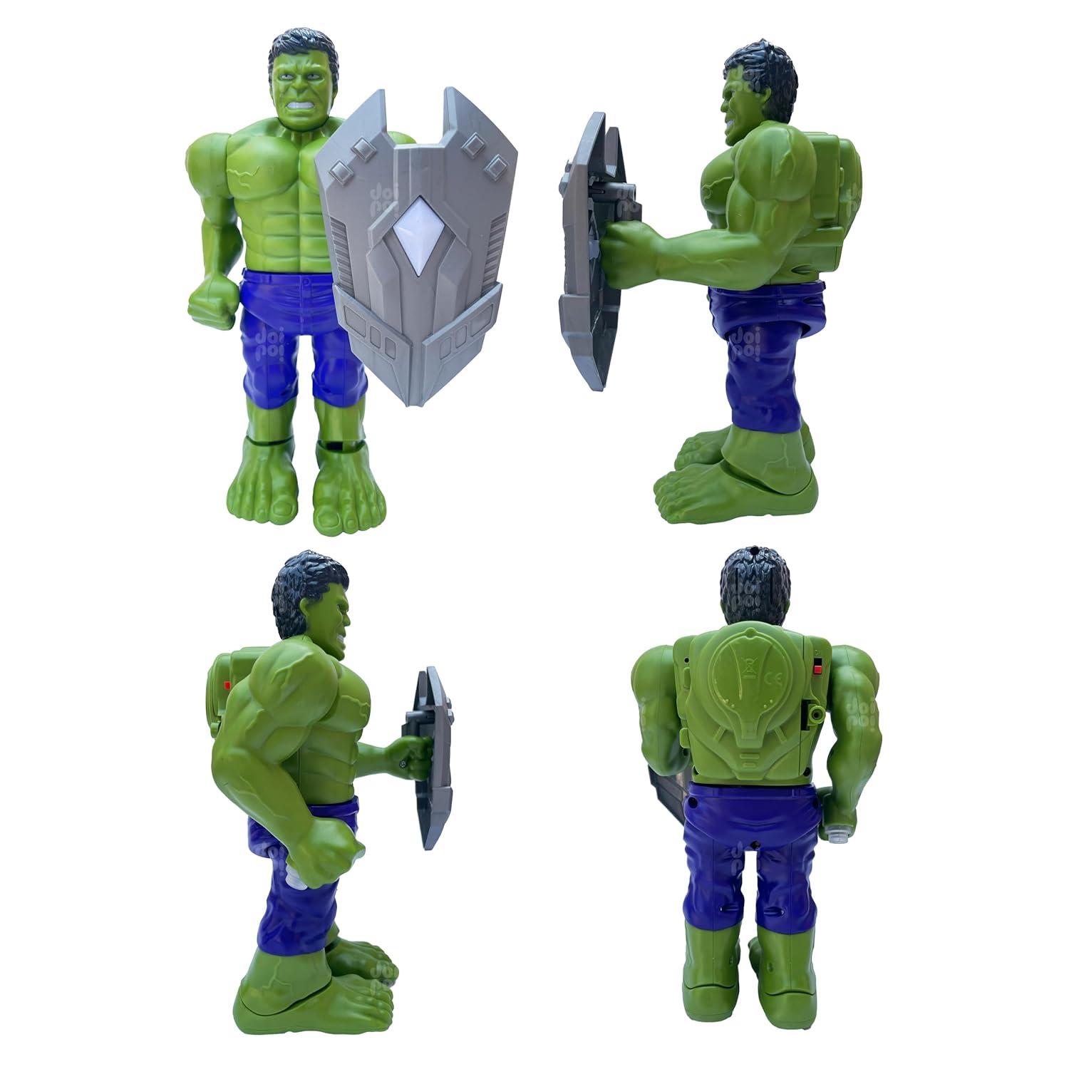 Hulk Superhero Walking Toy with Shield (9.5 inch) | Music, Photo Projection, LED Lights, Flexible Joints