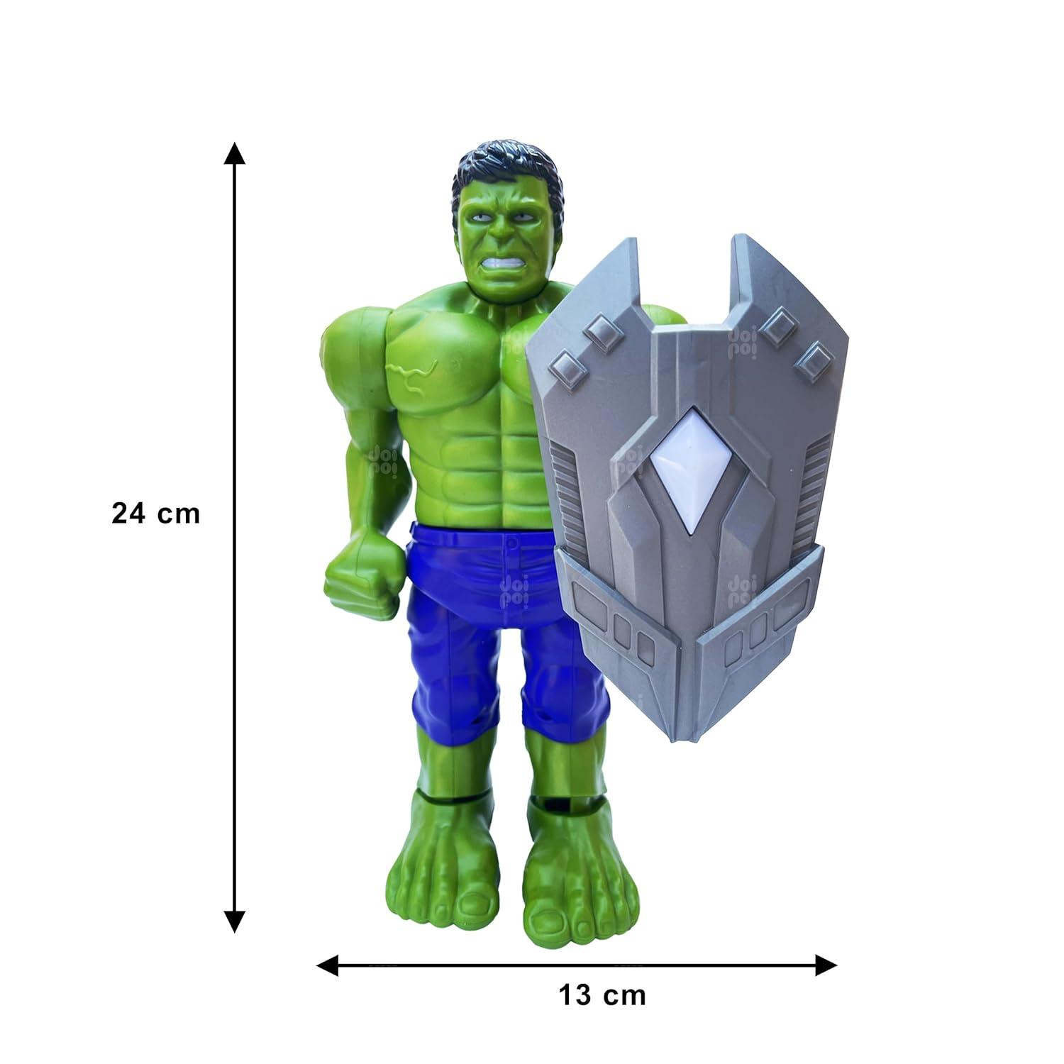 Hulk Superhero Walking Toy with Shield (9.5 inch) | Music, Photo Projection, LED Lights, Flexible Joints