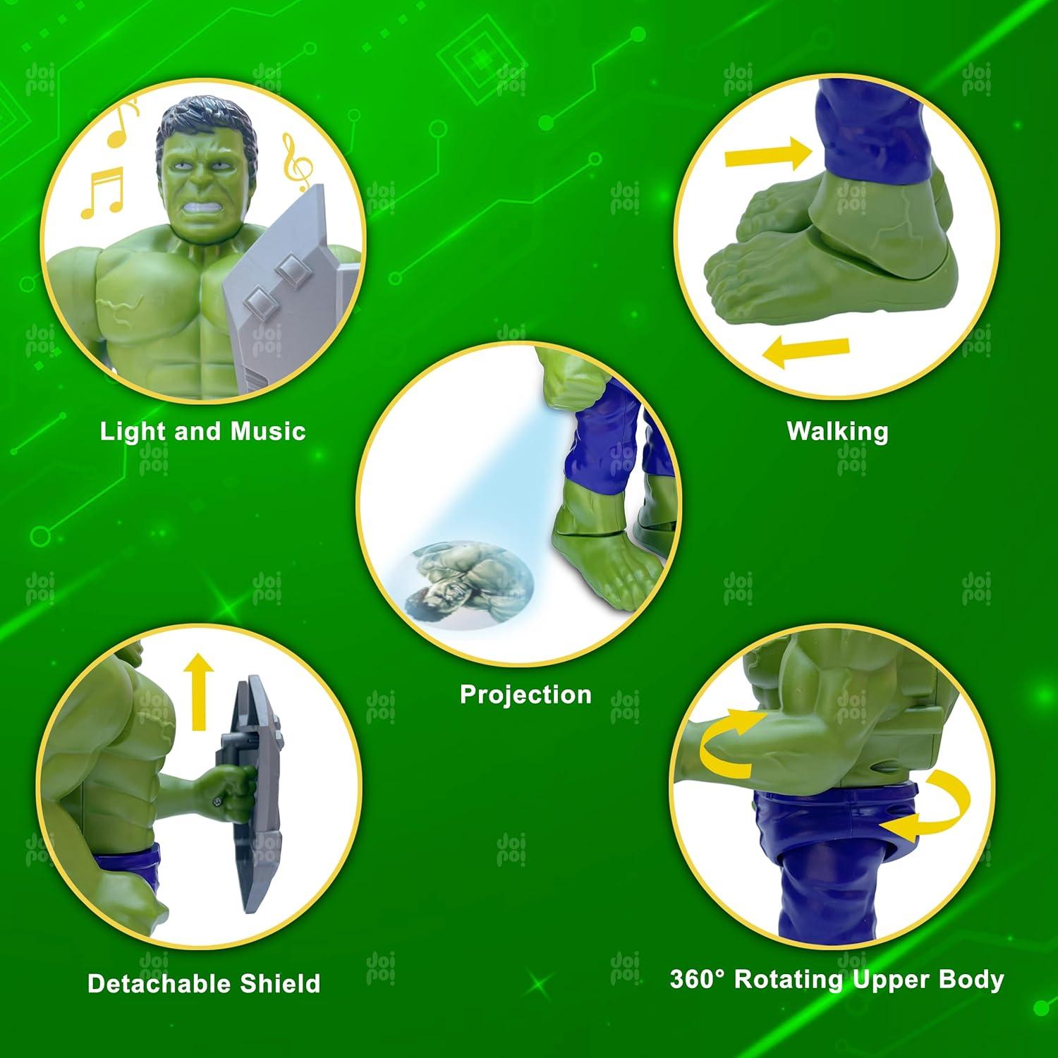 Hulk Superhero Walking Toy with Shield (9.5 inch) | Music, Photo Projection, LED Lights, Flexible Joints