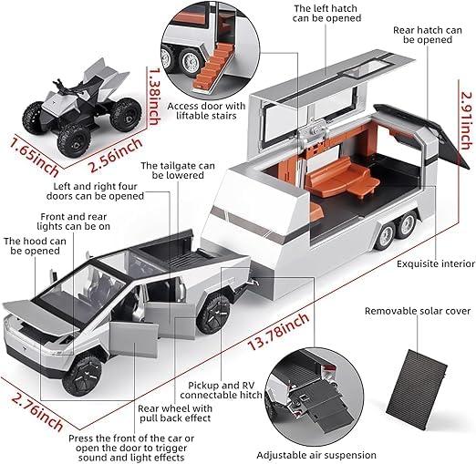 1:32 Scale Tesla Cybertruck with Pickup Trailer Alloy Car Model With Sound and Light