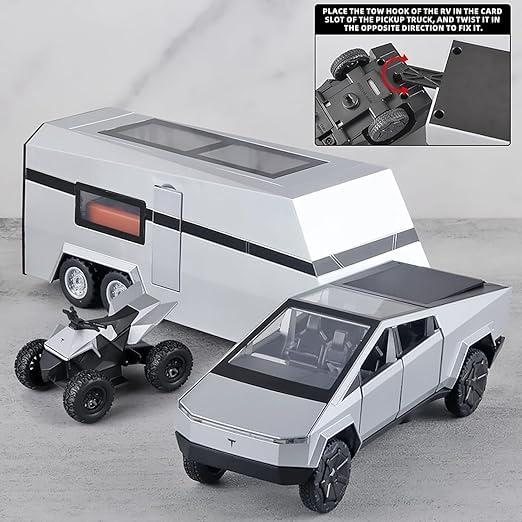1:32 Scale Tesla Cybertruck with Pickup Trailer Alloy Car Model With Sound and Light