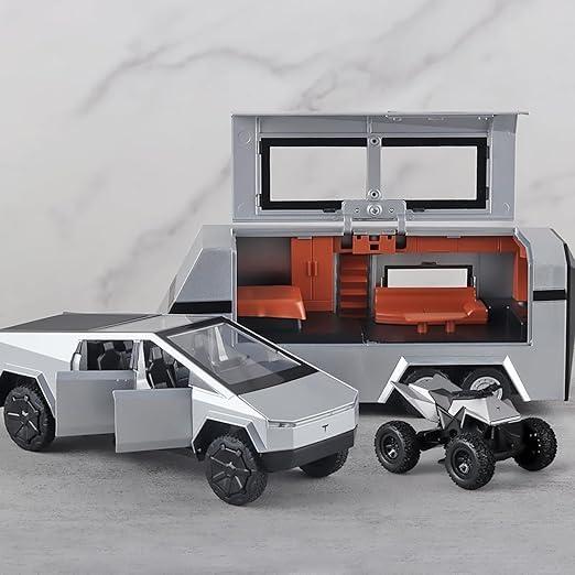 1:32 Scale Tesla Cybertruck with Pickup Trailer Alloy Car Model With Sound and Light
