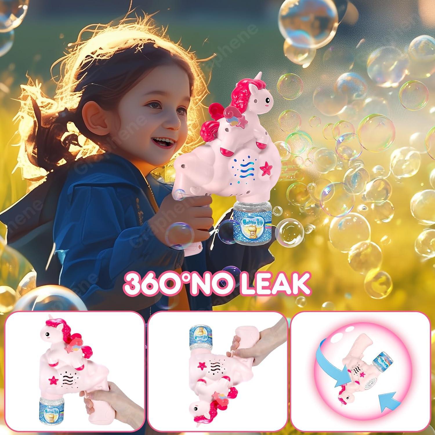Unicorn Bubble Gun Toy for Kids Toddlers with Bubble Solution 5000+ Bubbles Per Minute,Lights Effect Leak-Proof Automatic Bubble Gun