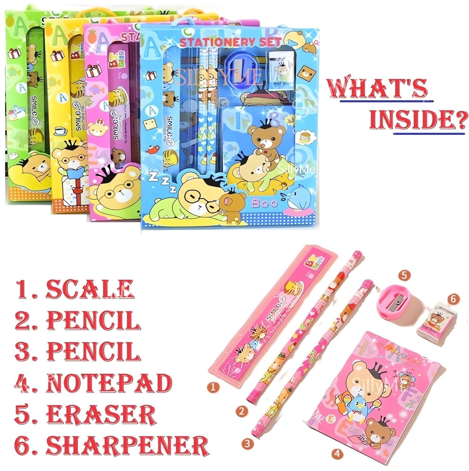 4pcs Cute Cartoon Stationery Set - Includes Pencil scale , eraser note - Return Gifts Birthday Party for kids - Best Birthday Return Gifts for Kids In Bulk