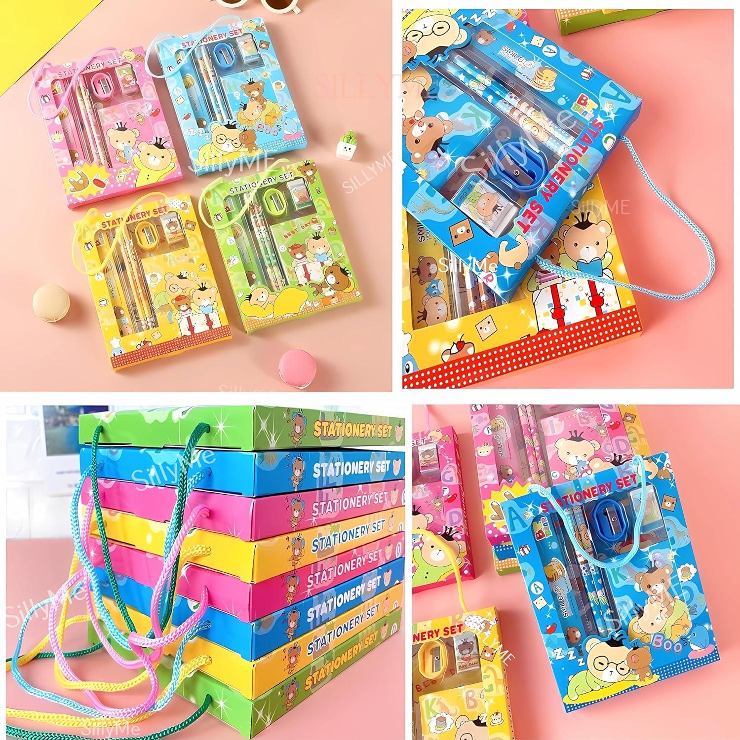 4pcs Cute Cartoon Stationery Set - Includes Pencil scale , eraser note - Return Gifts Birthday Party for kids - Best Birthday Return Gifts for Kids In Bulk