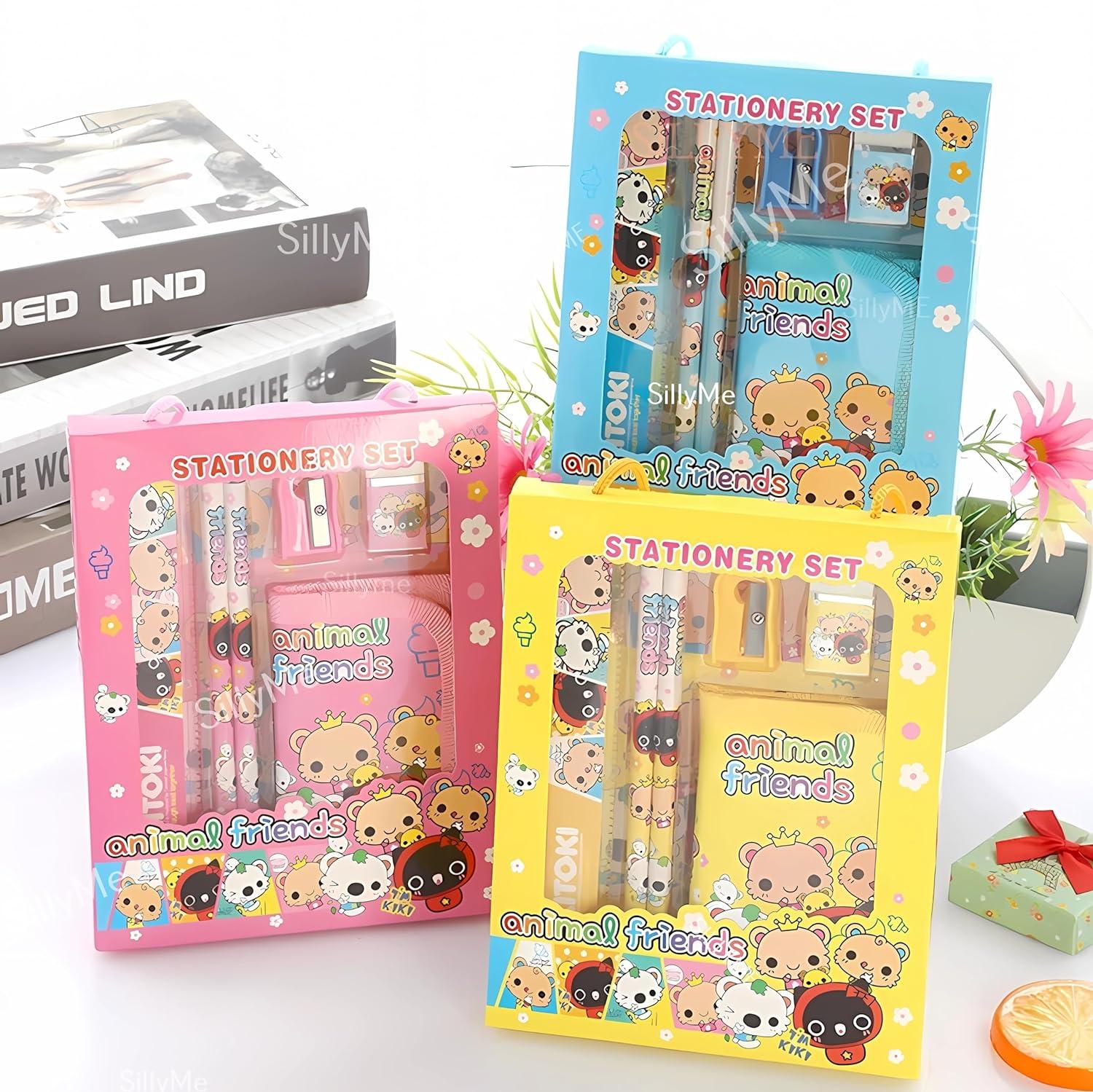 4pcs Cute Cartoon Stationery Set - Includes Pencil scale , eraser note - Return Gifts Birthday Party for kids - Best Birthday Return Gifts for Kids In Bulk
