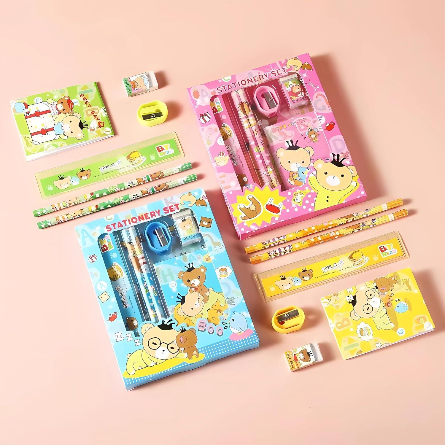 4pcs Cute Cartoon Stationery Set - Includes Pencil scale , eraser note - Return Gifts Birthday Party for kids - Best Birthday Return Gifts for Kids In Bulk