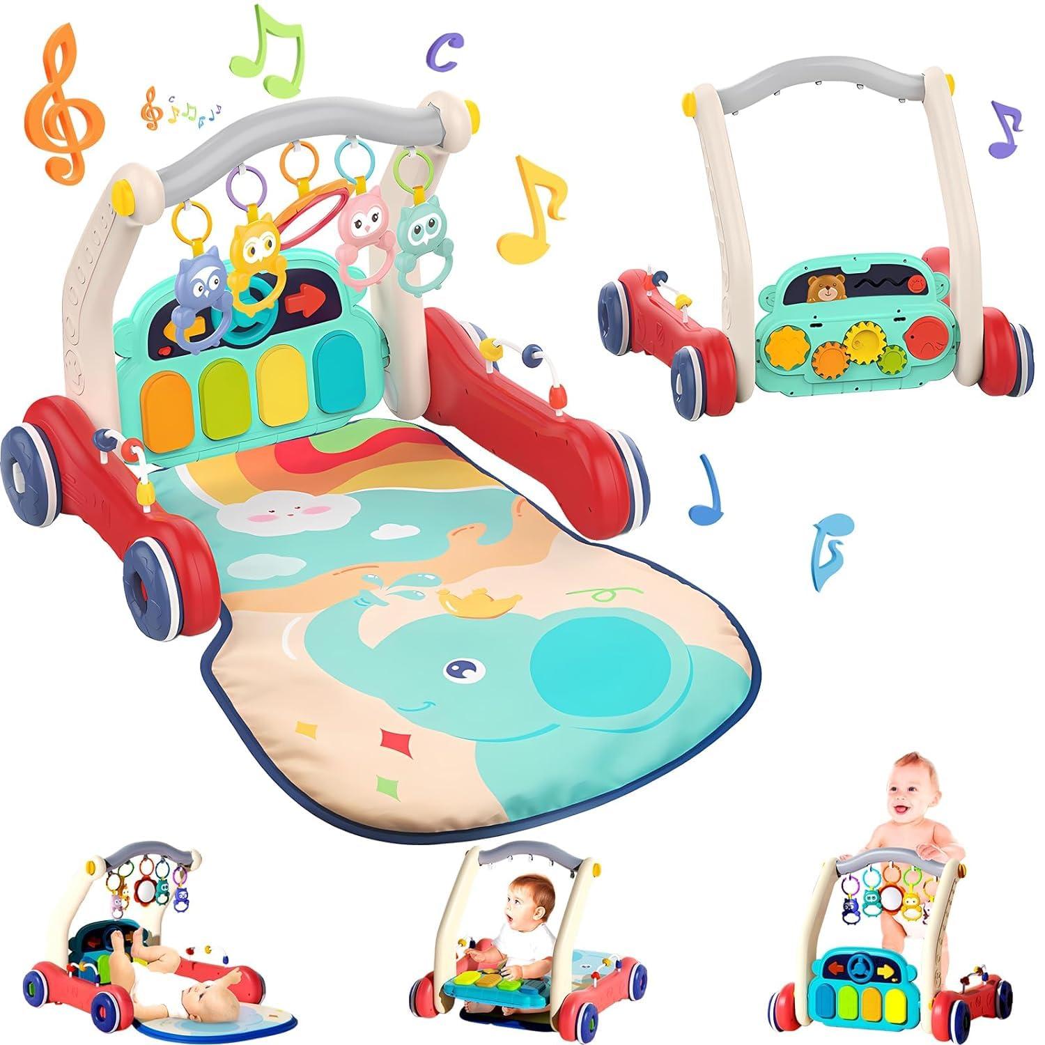 2 in 1 Musical Baby Play Gym with Convertible Walker| Push Walker with Play Piano, Lights, Rattles & Tummy Time Mat for Babies & Toddlers