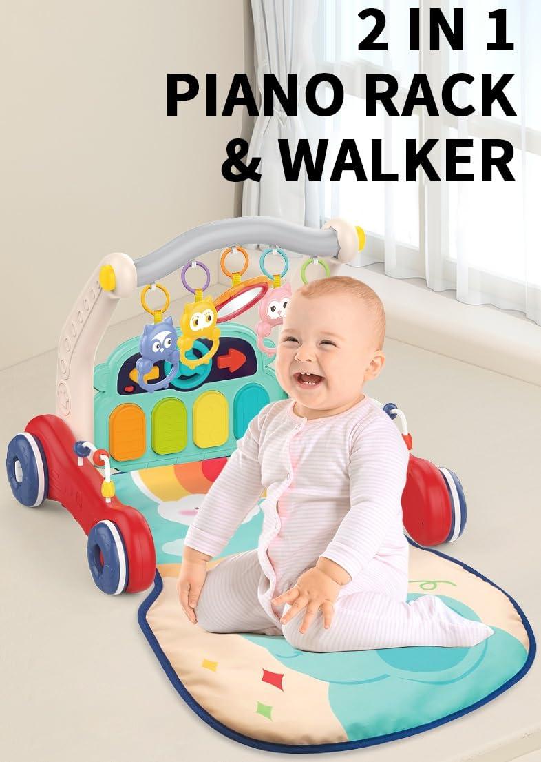 2 in 1 Musical Baby Play Gym with Convertible Walker| Push Walker with Play Piano, Lights, Rattles & Tummy Time Mat for Babies & Toddlers
