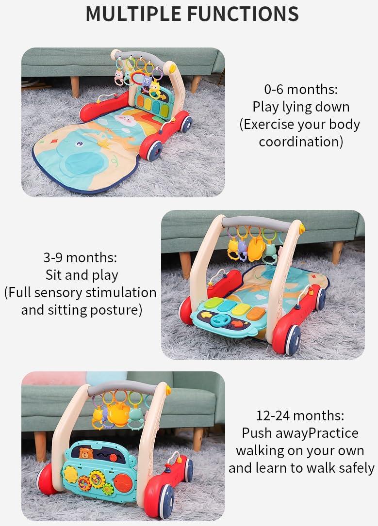 2 in 1 Musical Baby Play Gym with Convertible Walker| Push Walker with Play Piano, Lights, Rattles & Tummy Time Mat for Babies & Toddlers