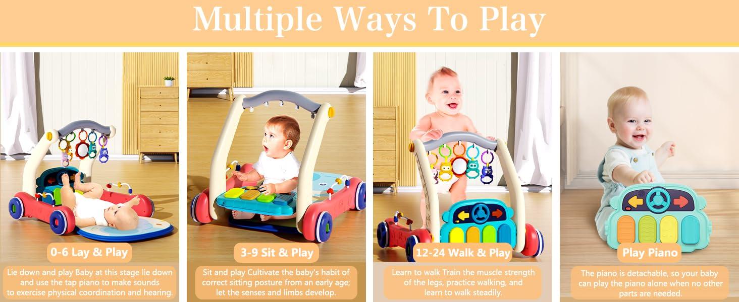 2 in 1 Musical Baby Play Gym with Convertible Walker| Push Walker with Play Piano, Lights, Rattles & Tummy Time Mat for Babies & Toddlers