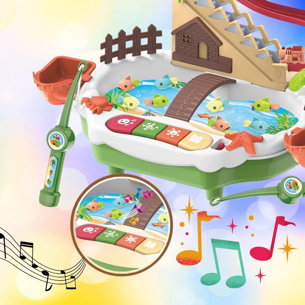 Fishing Game Toys with Slideway, Electronic Toy Fishing Set with Magnetic Pond, Learning Educational Toys