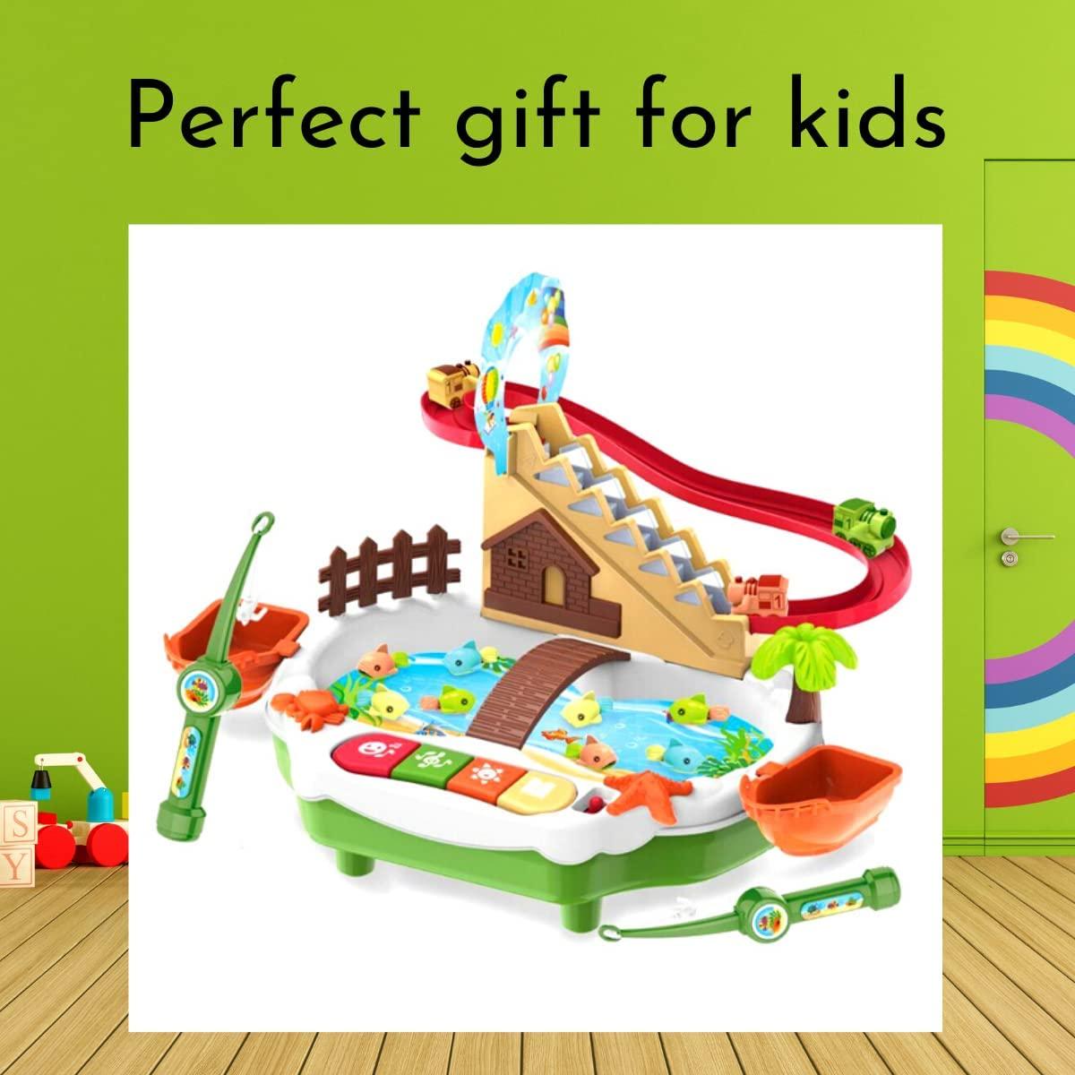 Fishing Game Toys with Slideway, Electronic Toy Fishing Set with Magnetic Pond, Learning Educational Toys