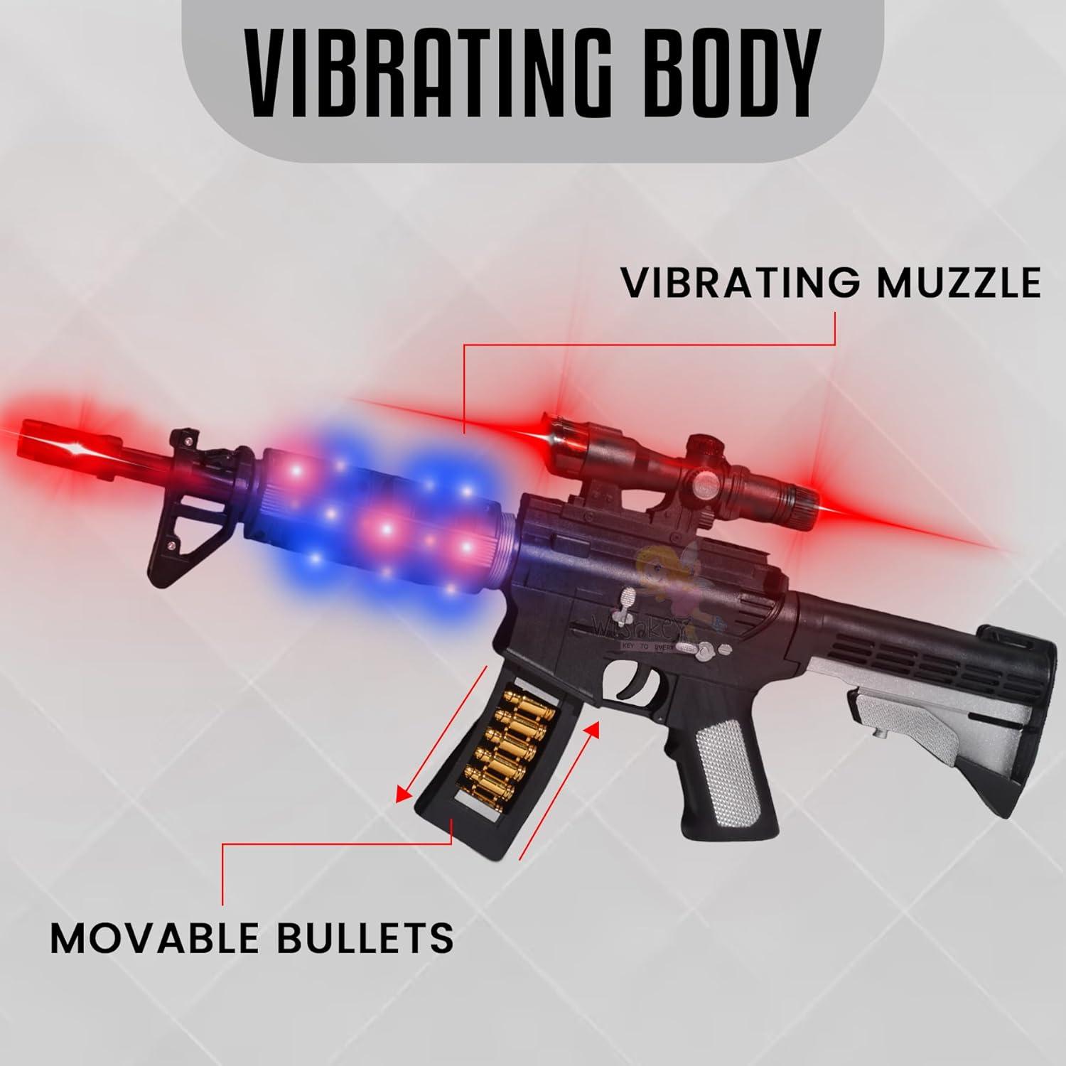 AK 47 Musical Gun Toy With Flashing Lifts Ultimate Shooter with Laser Light Play Vibrating Toy Gun with Moving Muzzle and Bullets, Battery Operated Toy Gun