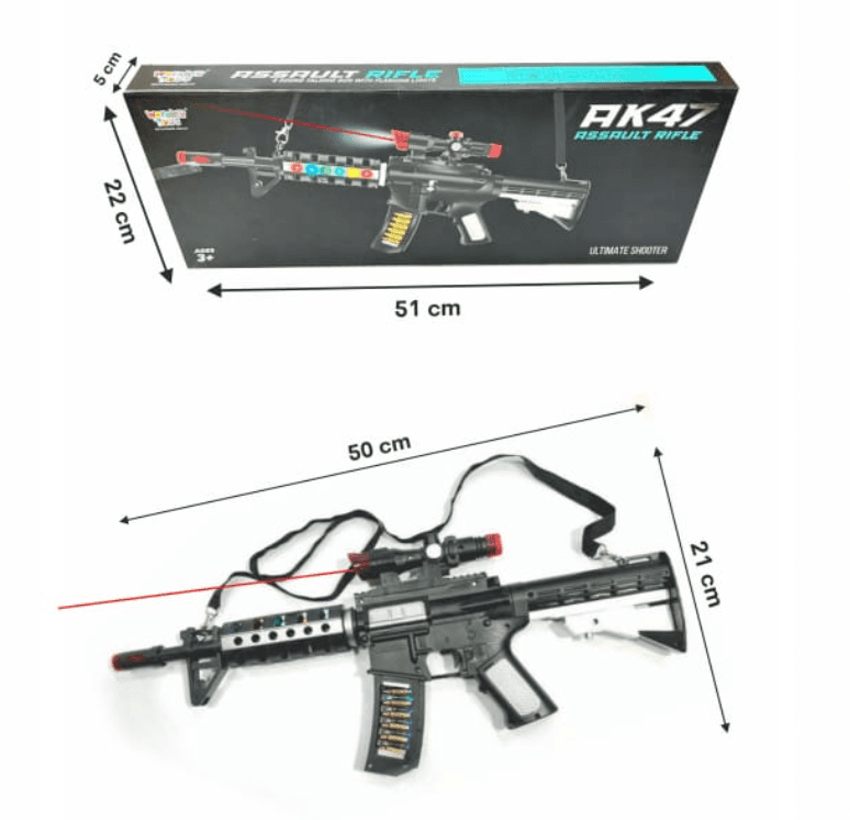 AK 47 Musical Gun Toy With Flashing Lifts Ultimate Shooter with Laser Light Play Vibrating Toy Gun with Moving Muzzle and Bullets, Battery Operated Toy Gun