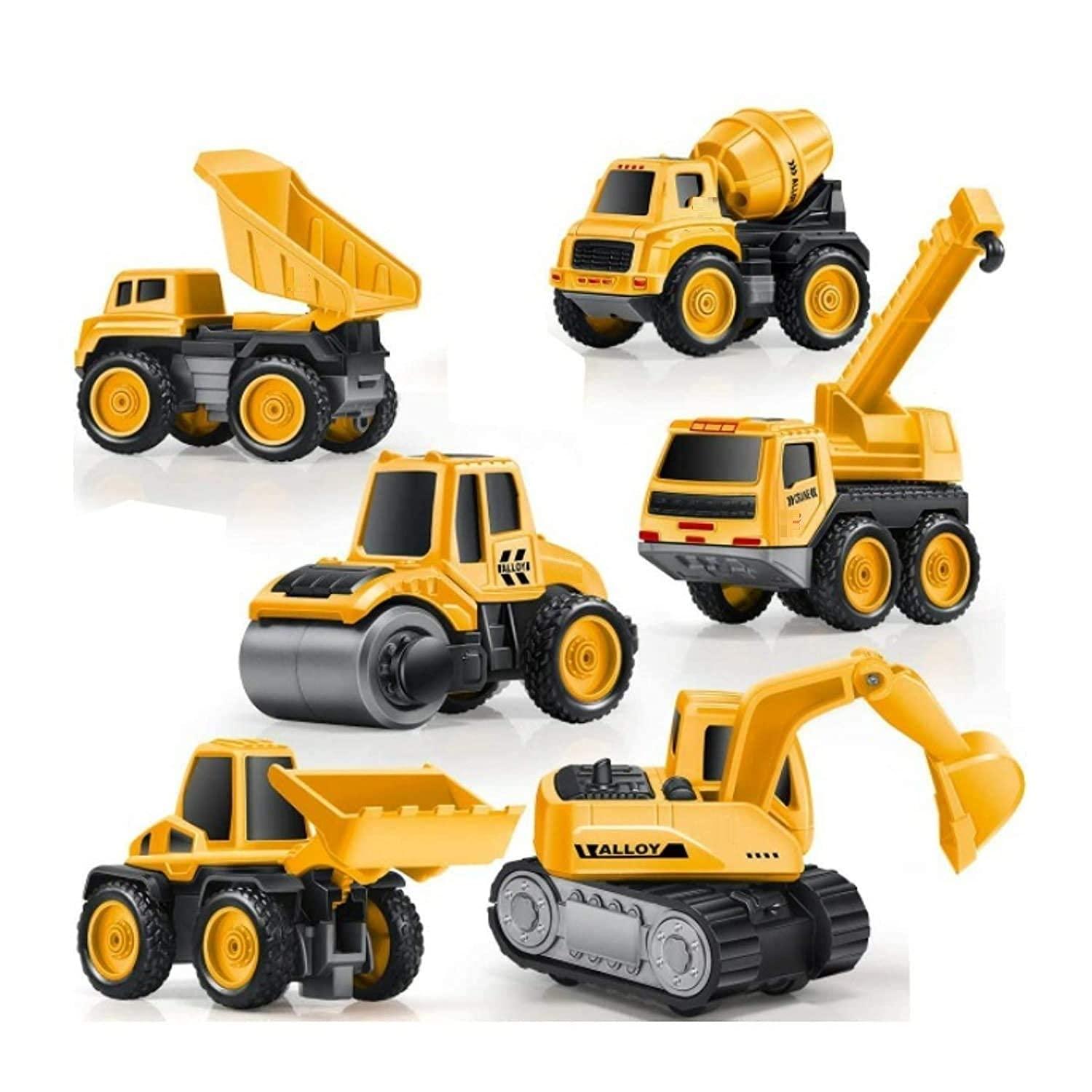 DIY Construction 6 in 1 Metal Team Car Engineering Automobile Contrucation Friction Powered Pull Back Crane Excavator Road Roller Forklift Mixer Vehicle