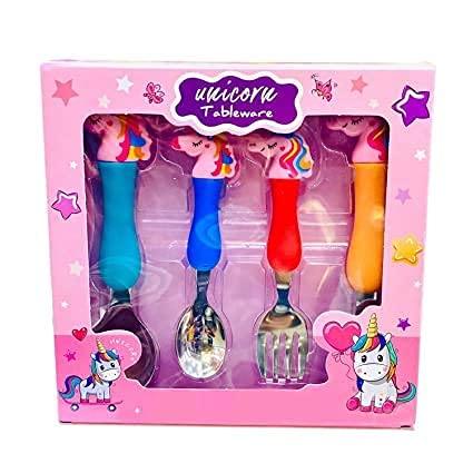Unicorn Baby Feed Spoon and Fork Set - Cartoon Theme Stainless Steel Spoon & Fork Set for Kids Cutlery