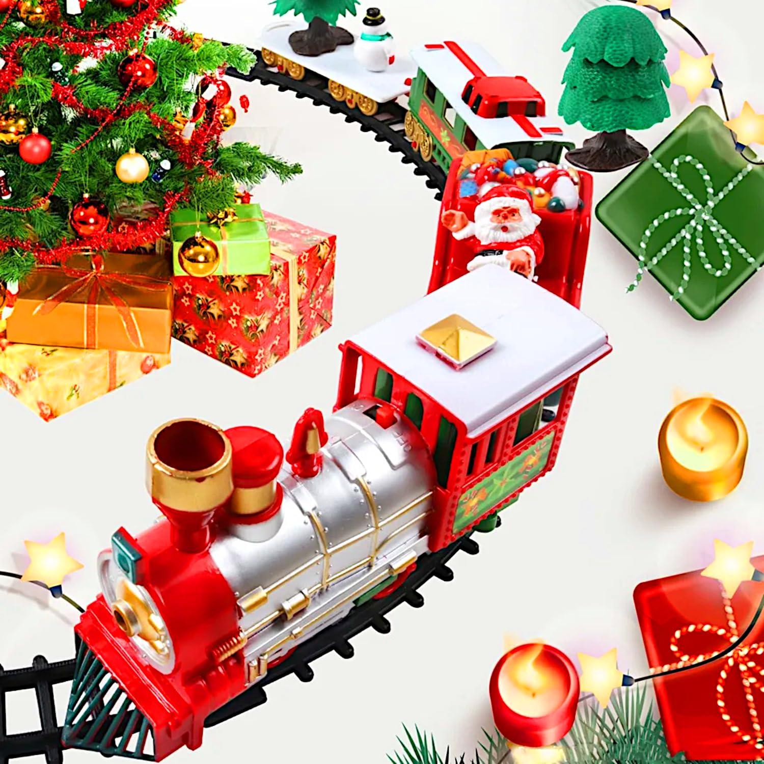 Christmas Tree Music Train Set, Xmas Sounds Light Locomotive, 22pcs Electric Engine Railway Track Playset, Kids Gifts Express Cargo Toy Rail, Snowman Carriage Santa Clause Sleigh