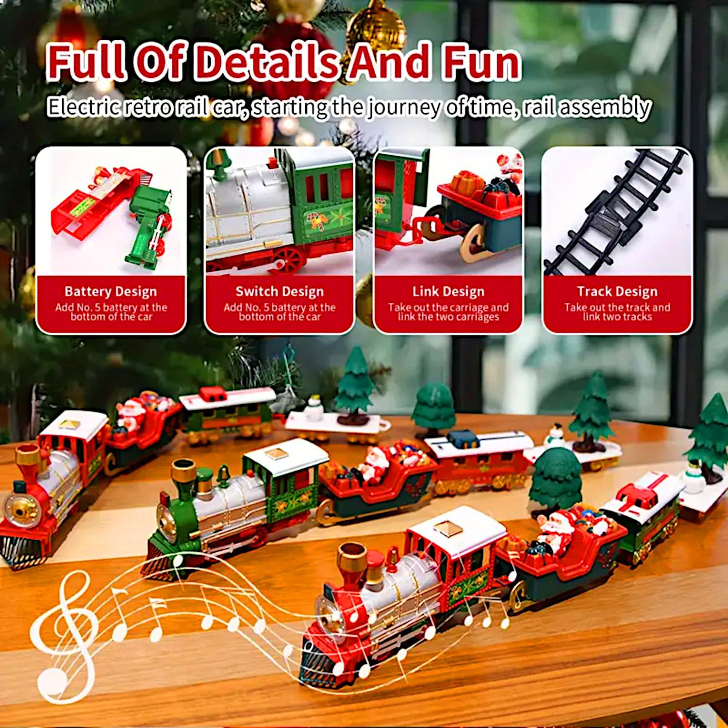 Christmas Tree Music Train Set, Xmas Sounds Light Locomotive, 22pcs Electric Engine Railway Track Playset, Kids Gifts Express Cargo Toy Rail, Snowman Carriage Santa Clause Sleigh