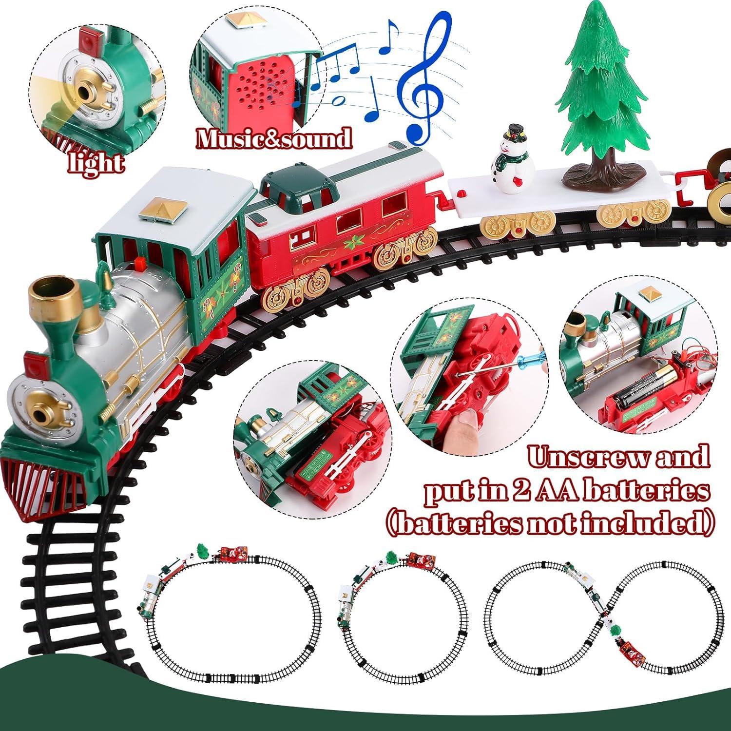 Christmas Tree Music Train Set, Xmas Sounds Light Locomotive, 22pcs Electric Engine Railway Track Playset, Kids Gifts Express Cargo Toy Rail, Snowman Carriage Santa Clause Sleigh