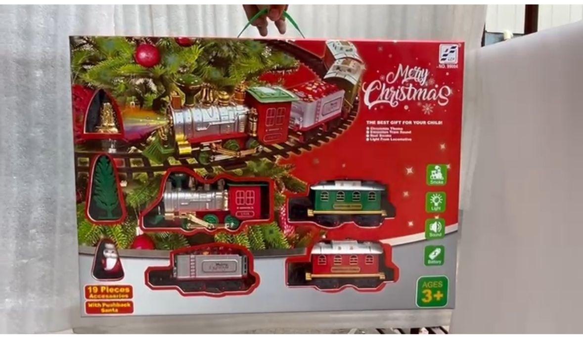Christmas Tree Music Train Set, Xmas Sounds Light Locomotive, 22pcs Electric Engine Railway Track Playset, Kids Gifts Express Cargo Toy Rail, Snowman Carriage Santa Clause Sleigh