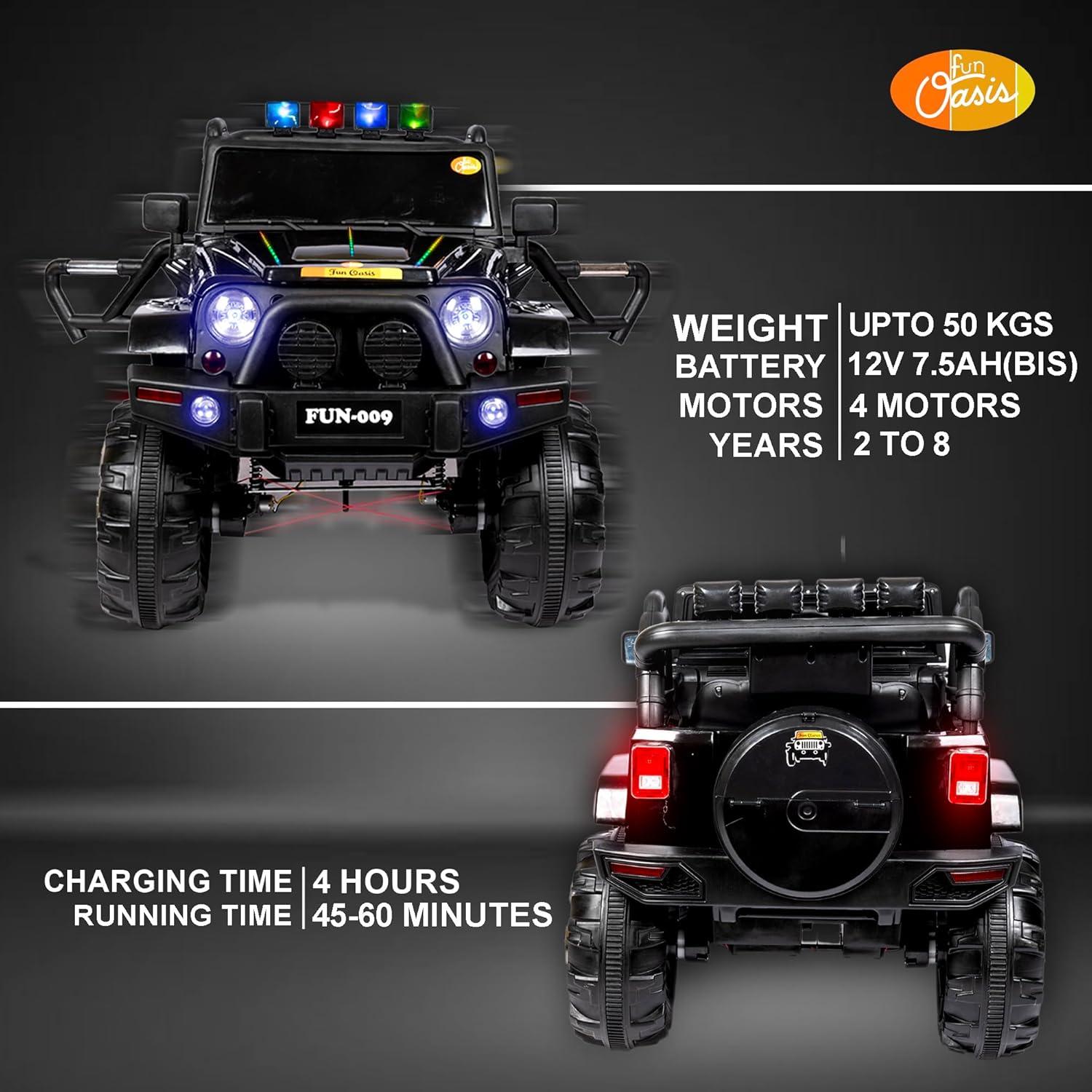Electric Ride-On Jeep Rechargeable 4x4 Big Size Thar Look-Alike for Kids with Seat Belt, LED Lights, Music Modes, Manual & Remote Dual Control  (Black)