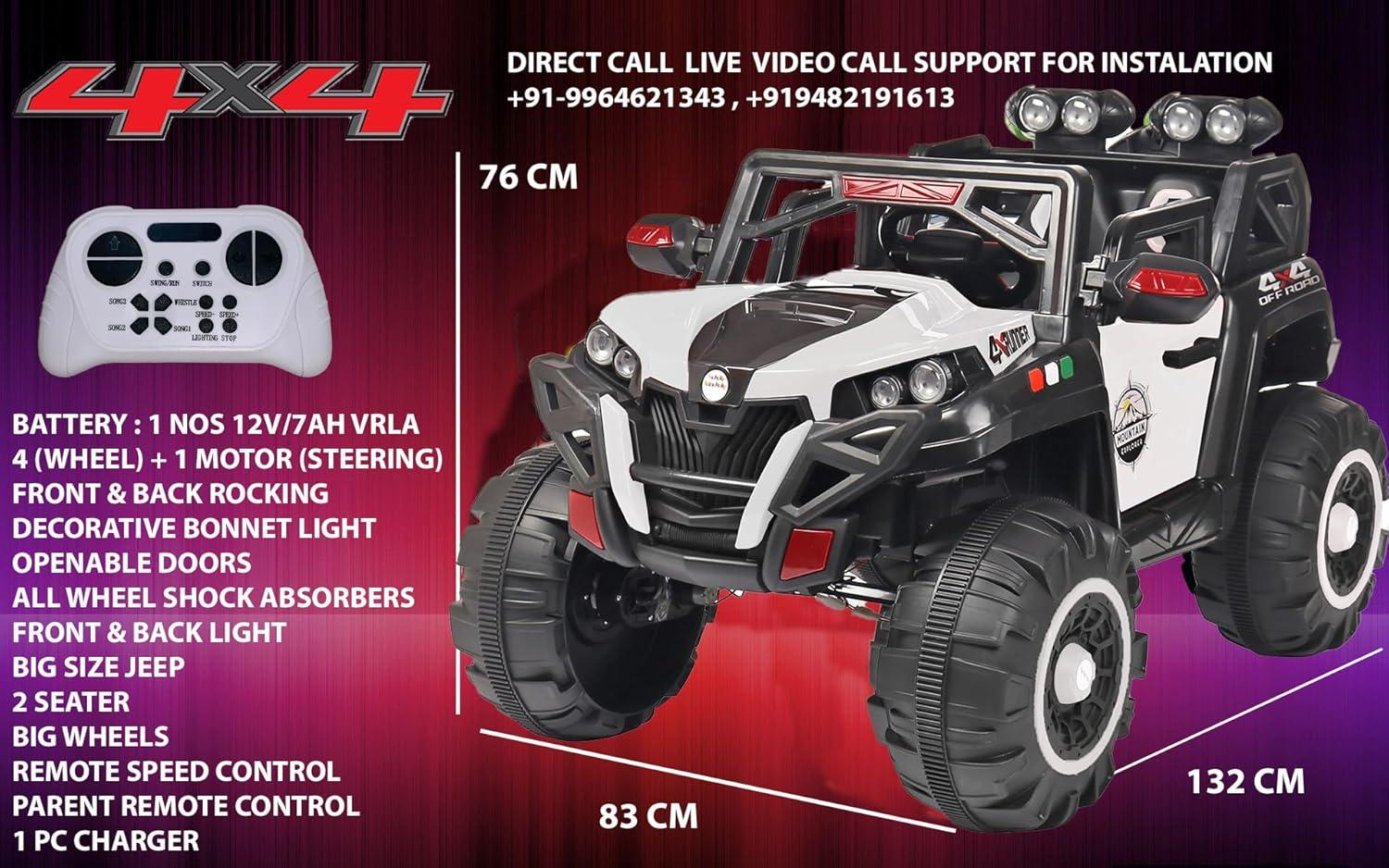 Mart Big Size !! 4x4 Battery Operated Electric Ride On Jeep for Kids| Motor for Steering | Remote Control | Suspensions | Jumbo Driving Car | Birthday Gifts (White)