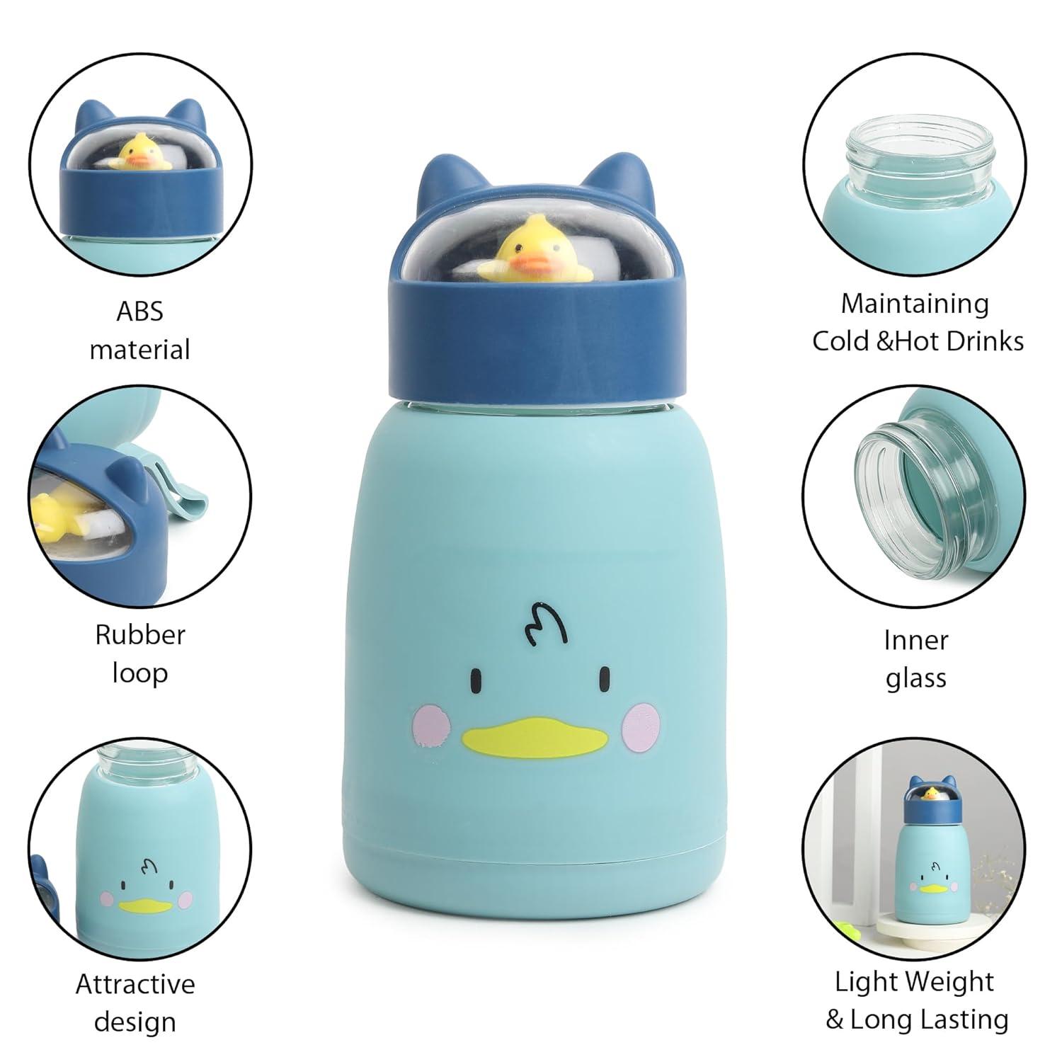 Cute Creative Cartoon Printed Glass Water Bottle | Double Layer Inner Glass Outer Plastic - 400 Ml Random Color