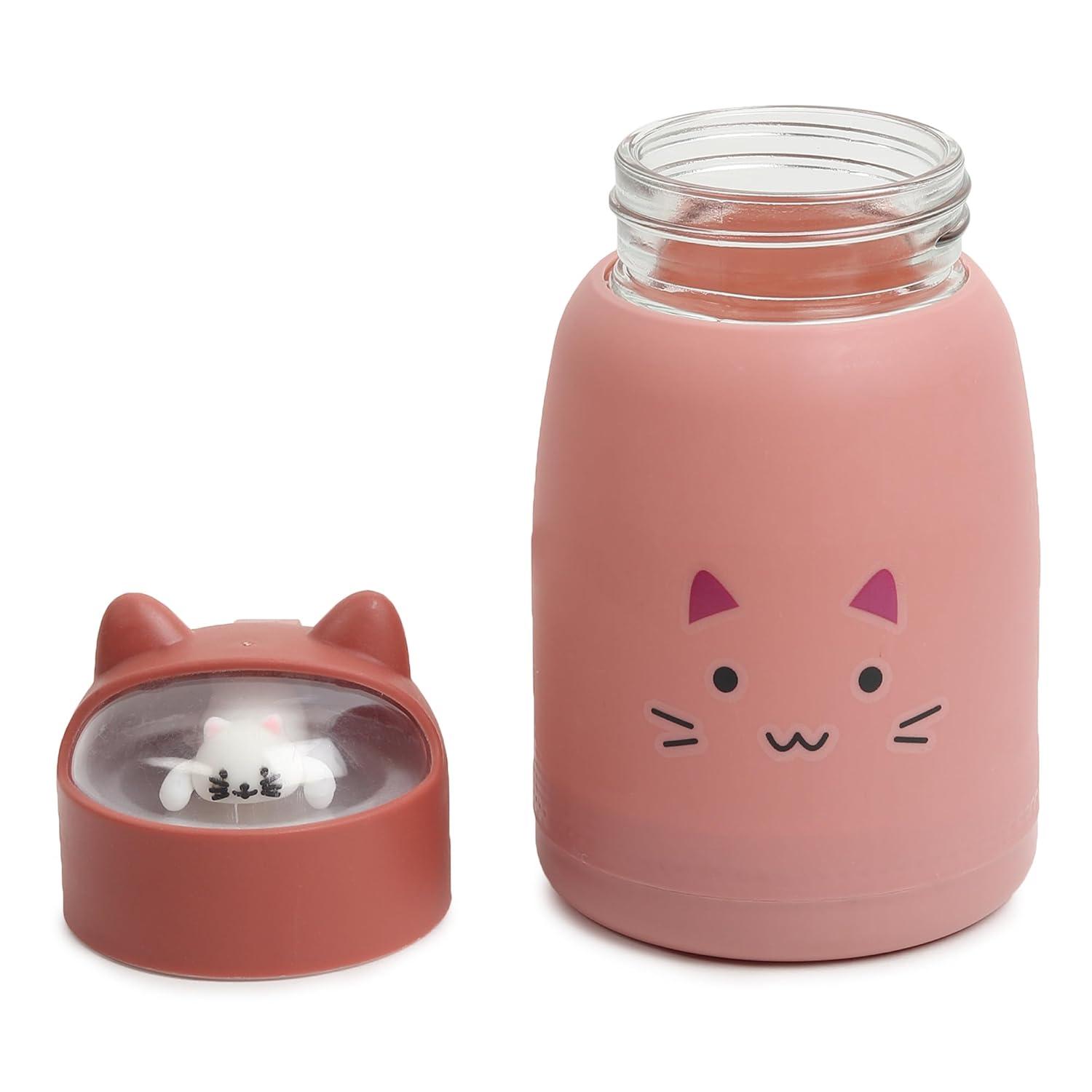 Cute Creative Cartoon Printed Glass Water Bottle | Double Layer Inner Glass Outer Plastic - 400 Ml Random Color