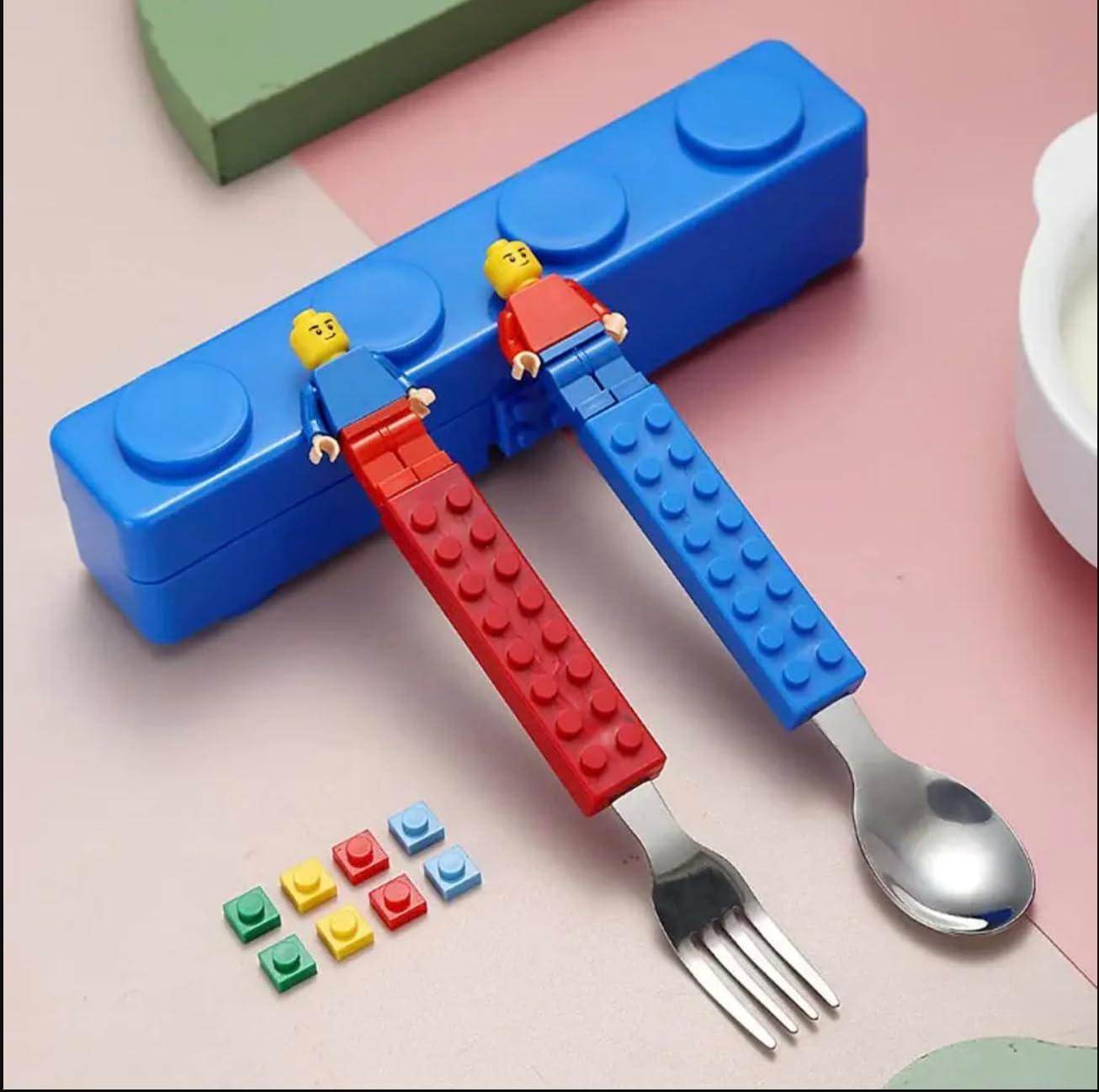 Building Blocks Theme Baby Feeding Stainless Steel Spoon & Fork Set for Kids