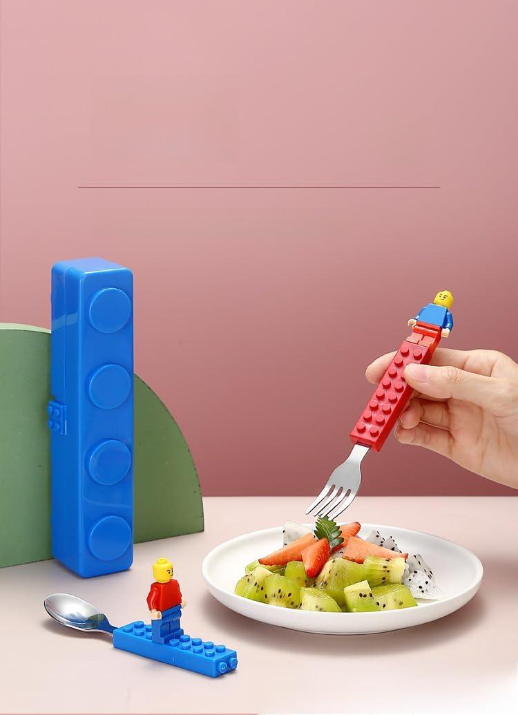 Building Blocks Theme Baby Feeding Stainless Steel Spoon & Fork Set for Kids