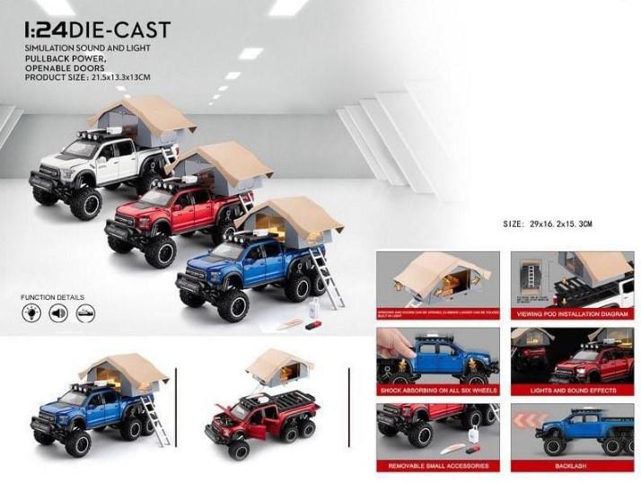 Big Wheel Alloy Diecast Model Car 1:24 Ford Raptor Motorhome With Sound And Light Pull Back Doors Open Ornament Decorate Metal Car Model Toys (Pickup Truck), Red