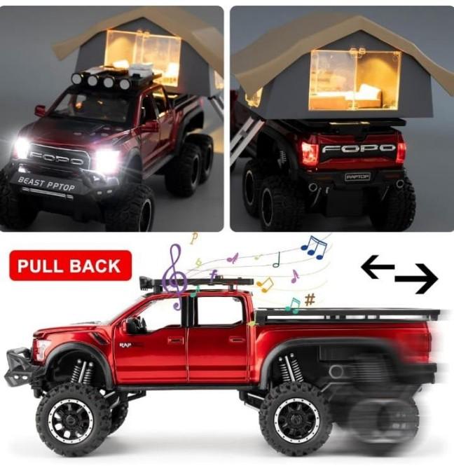 Big Wheel Alloy Diecast Model Car 1:24 Ford Raptor Motorhome With Sound And Light Pull Back Doors Open Ornament Decorate Metal Car Model Toys (Pickup Truck), Red