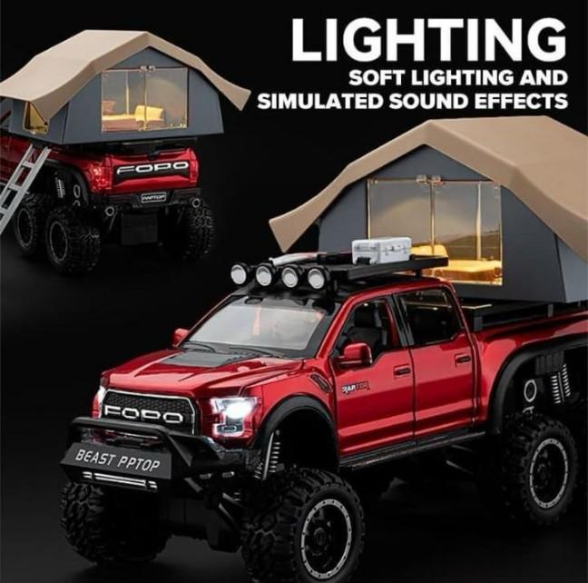 Big Wheel Alloy Diecast Model Car 1:24 Ford Raptor Motorhome With Sound And Light Pull Back Doors Open Ornament Decorate Metal Car Model Toys (Pickup Truck), Red