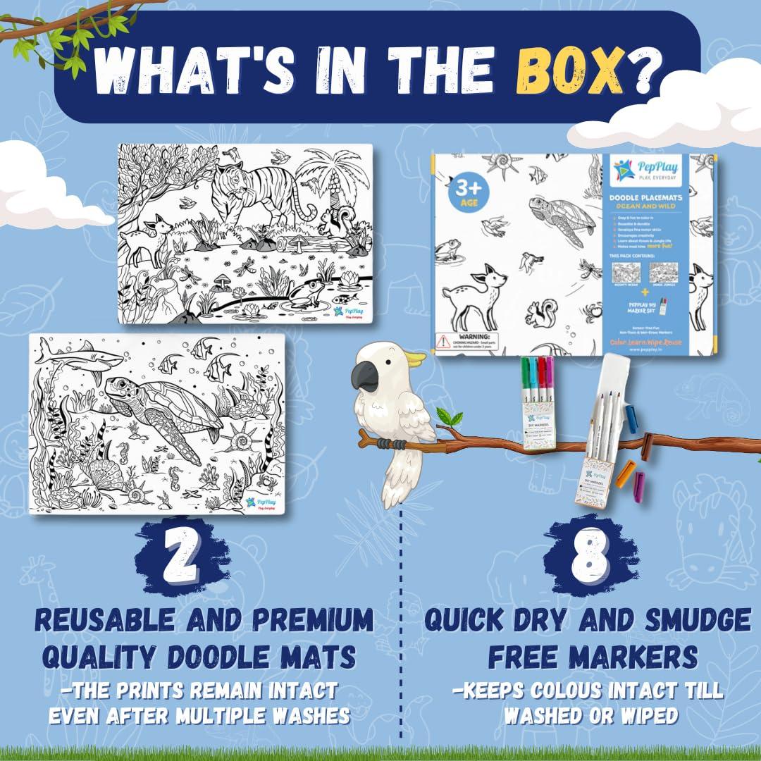 Reusable Coloring Placemats Sheet with 8 Erasable Marker Pens, Non Toxic,Creative Doodle Art Kit for Kids - ANIMAL