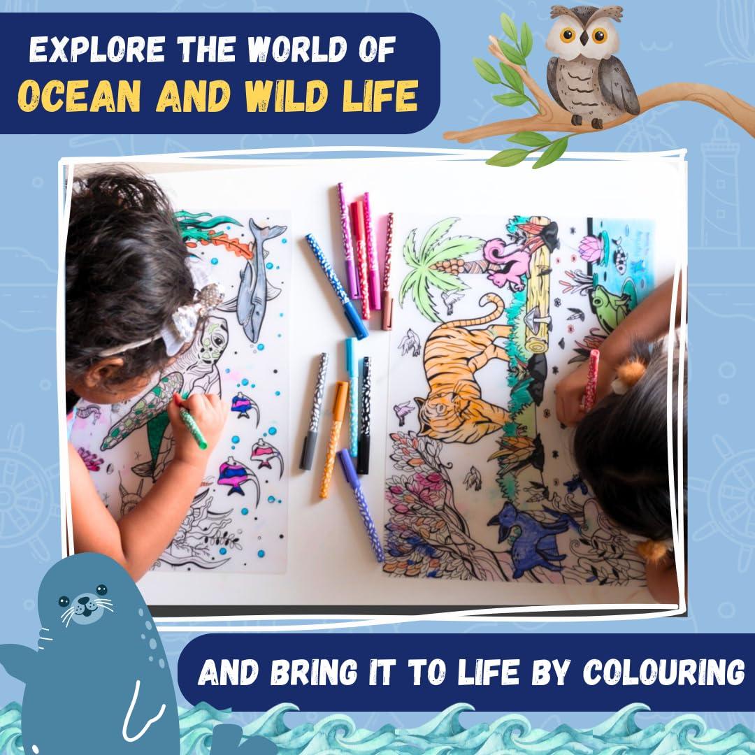 Reusable Coloring Placemats Sheet with 8 Erasable Marker Pens, Non Toxic,Creative Doodle Art Kit for Kids - ANIMAL