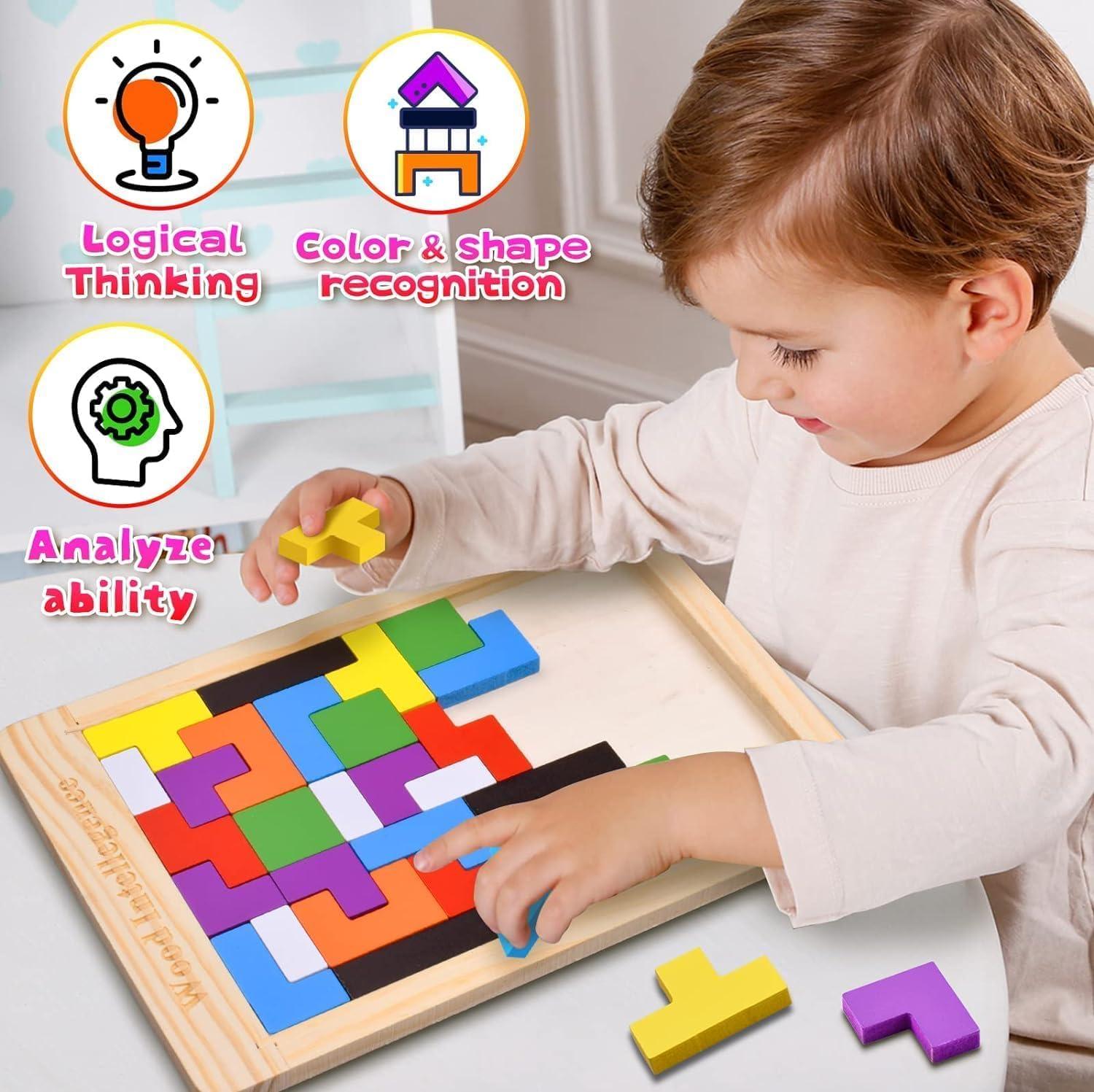 40-Piece Wooden Russian Block Puzzle Set with Storage Bag, Montessori Wooden Puzzle for STEM Learning