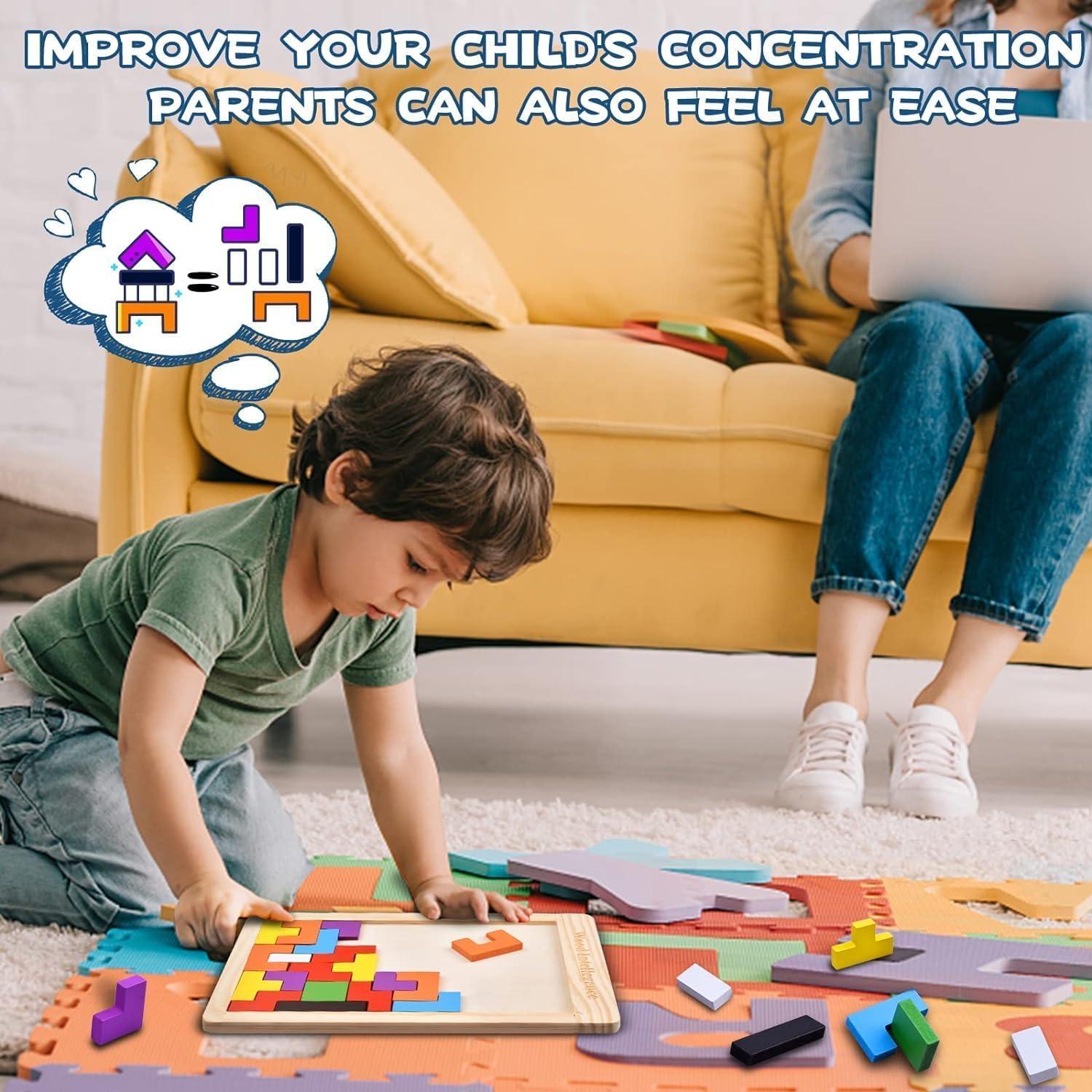 40-Piece Wooden Russian Block Puzzle Set with Storage Bag, Montessori Wooden Puzzle for STEM Learning